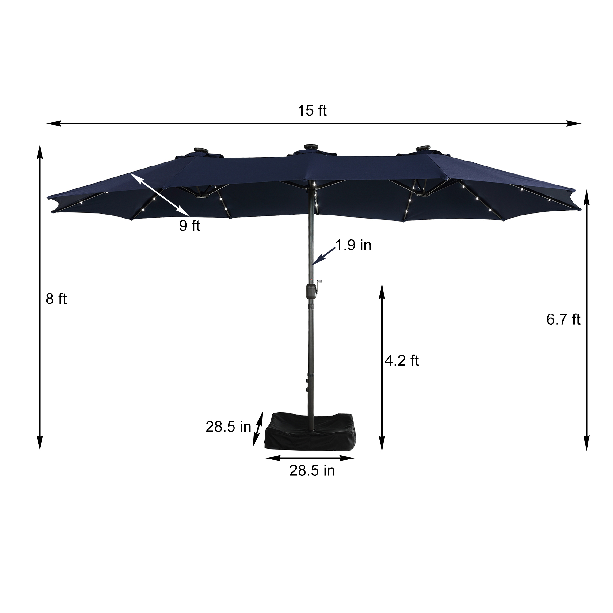 15ft Patio Steel Rectangular Double-Sided Market Umbrella With Base, Classic Design or Solar LED Lights Options,UV Sun Protection & Easy Crank for Deck Pool Patio.