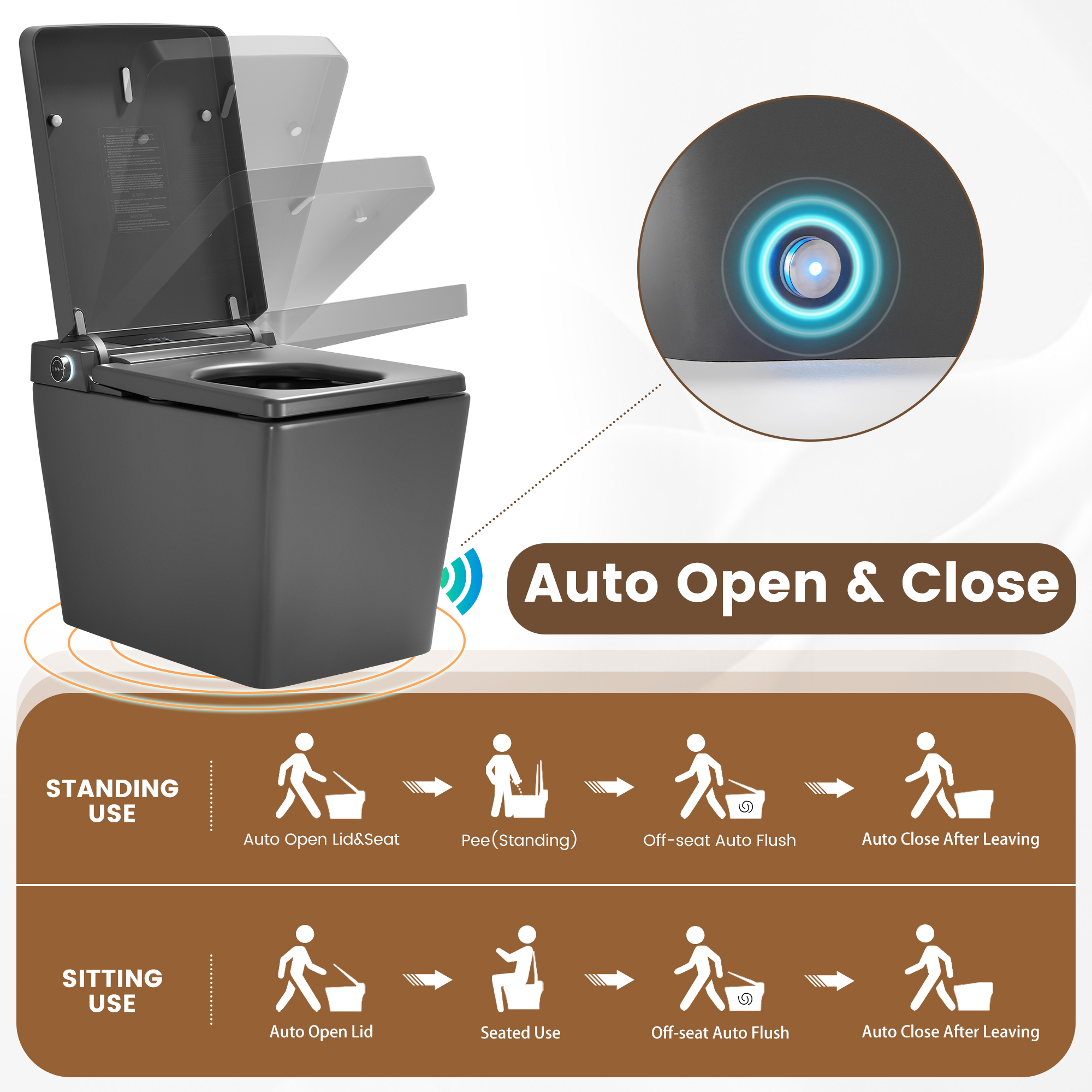 Square Smart Bidet Toilet with Heated Seat and Radar Sensor Lid