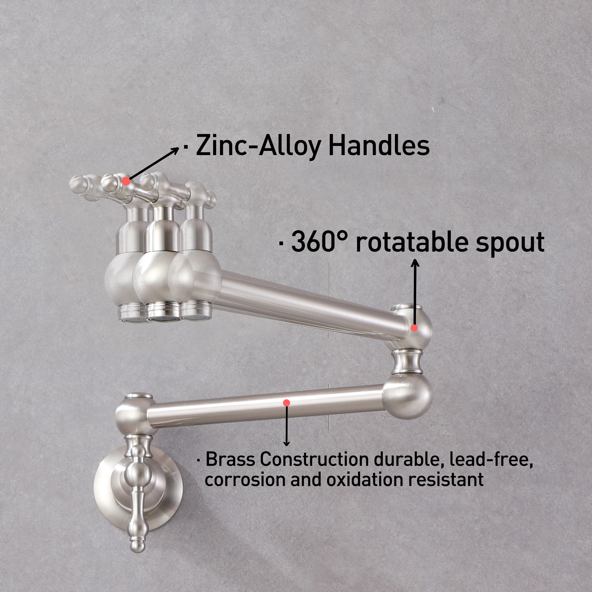 Wall Mounted Pot Filler Faucet with Double Handles, 360° Rotatable Folding Spout, Solid Brass Construction, Anti-Splash Aerator