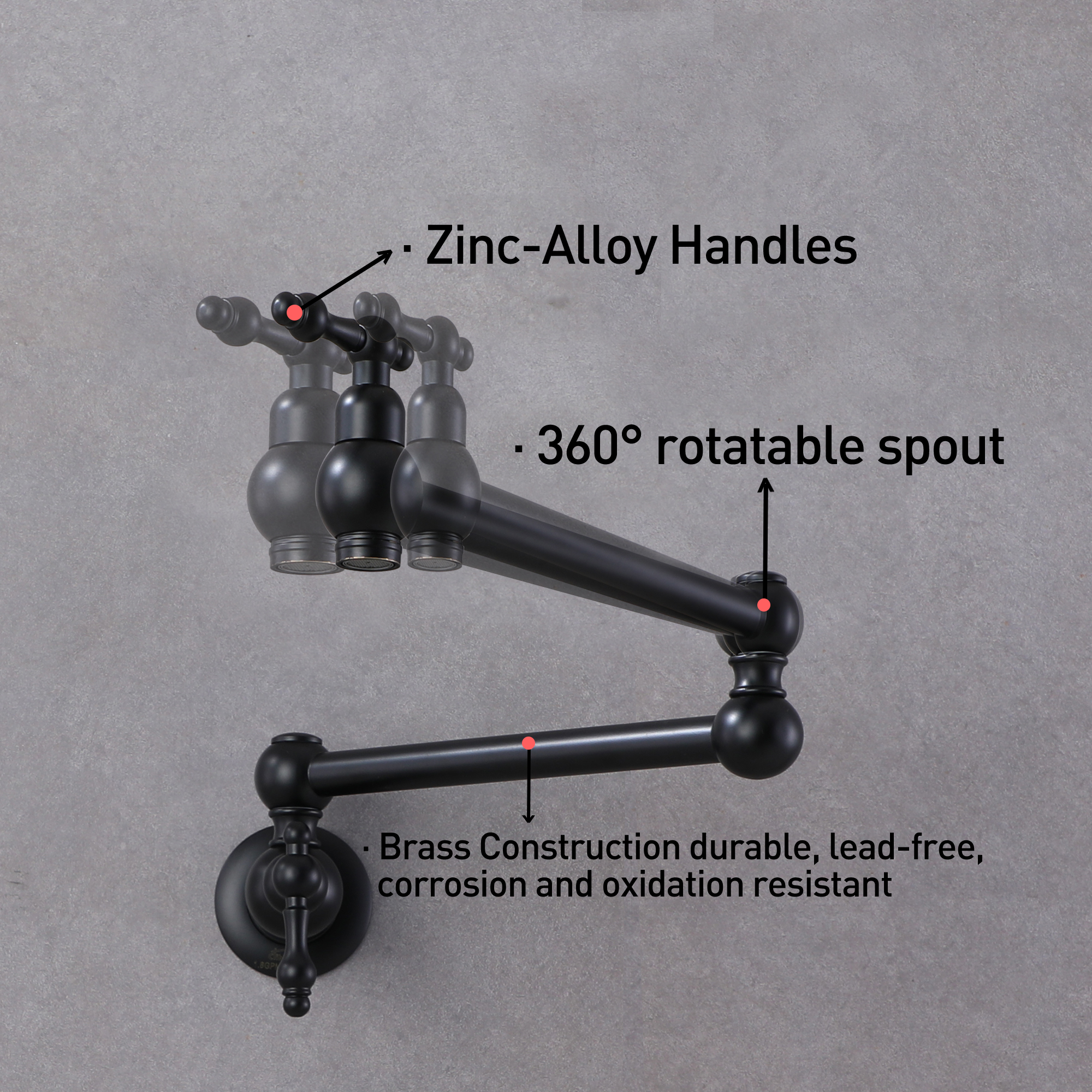 Wall Mounted Pot Filler Faucet with Double Handles, 360° Rotatable Folding Spout, Solid Brass Construction, Anti-Splash Aerator