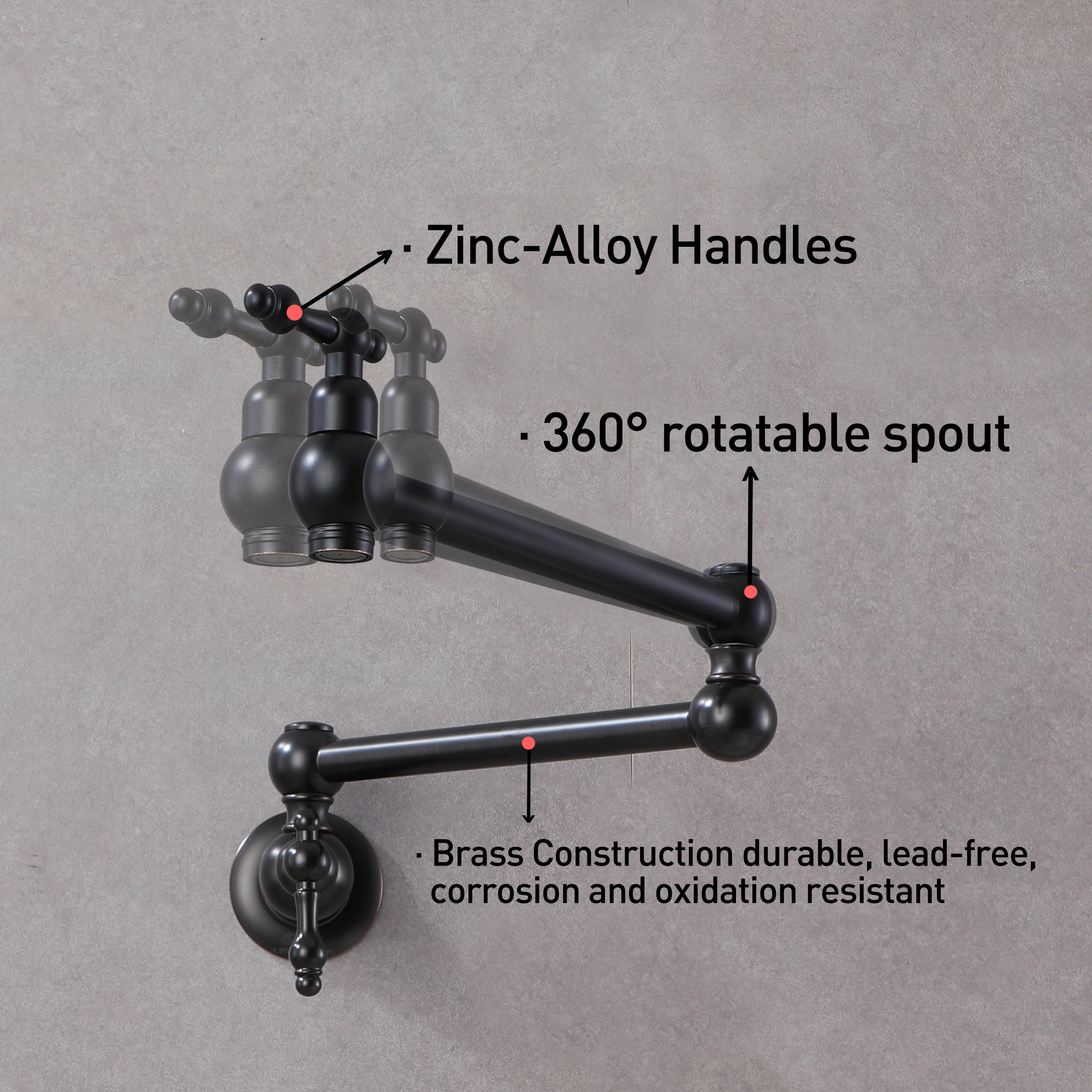 Wall Mounted Pot Filler Faucet with Double Handles, 360° Rotatable Folding Spout, Solid Brass Construction, Anti-Splash Aerator