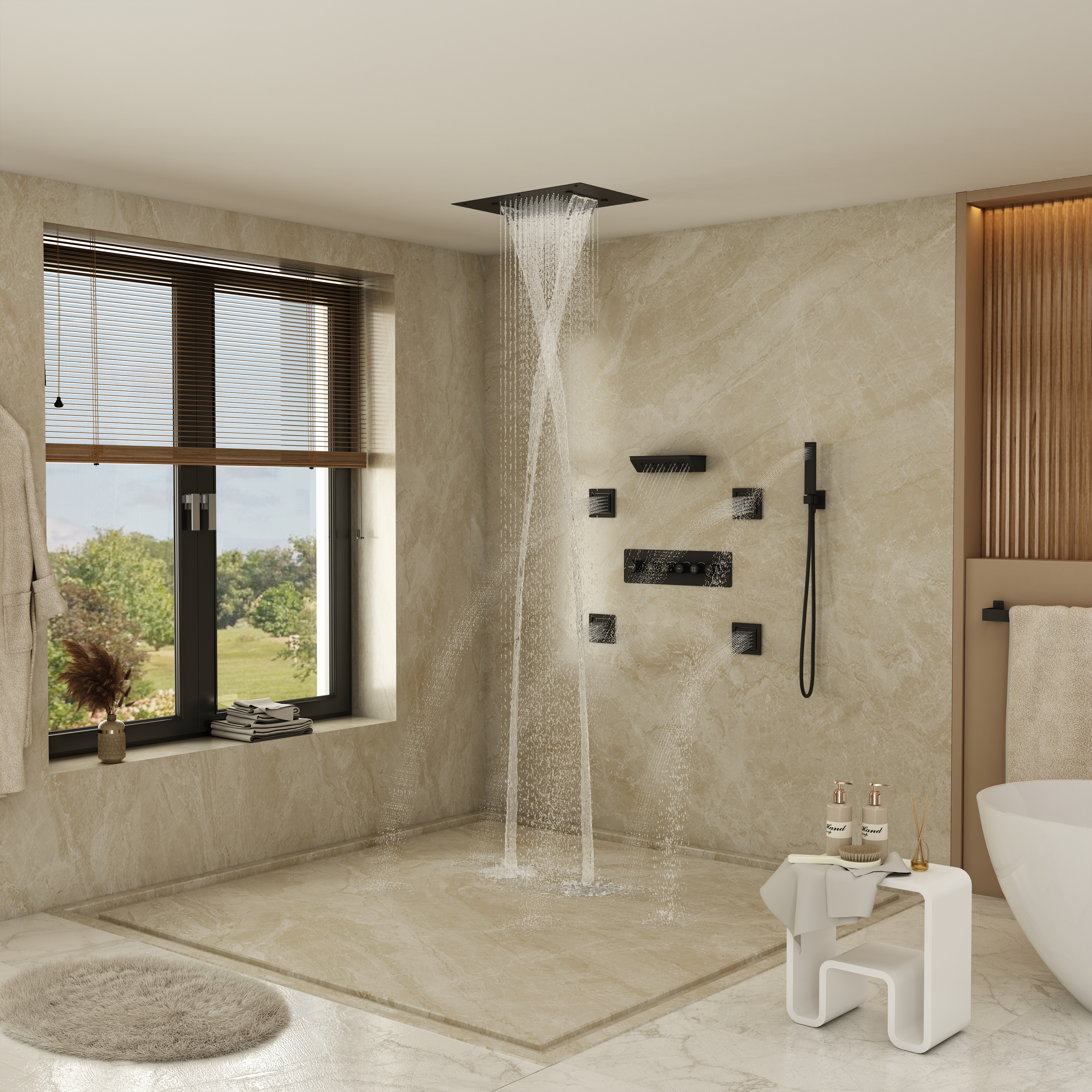 23.6" x 15.7" Ceiling-Mounted 5-Function Thermostatic Shower System with Neck/Back Massage Spout