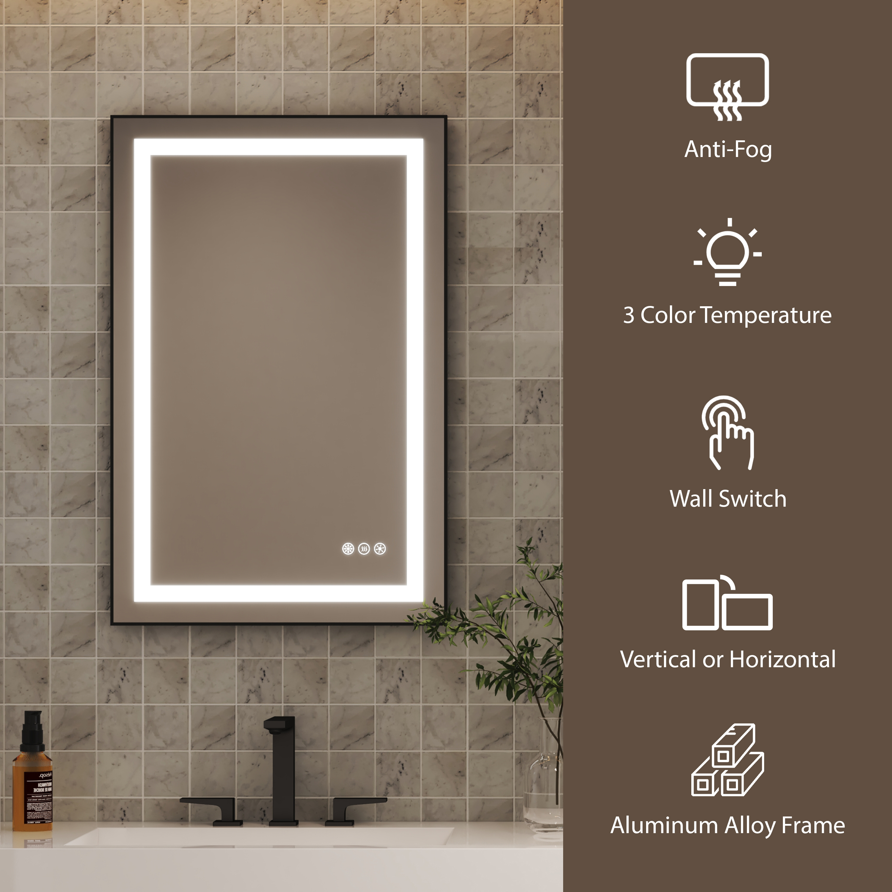 LED Bathroom Mirror with Black Aluminum Frame, Backlit & Front Lighting