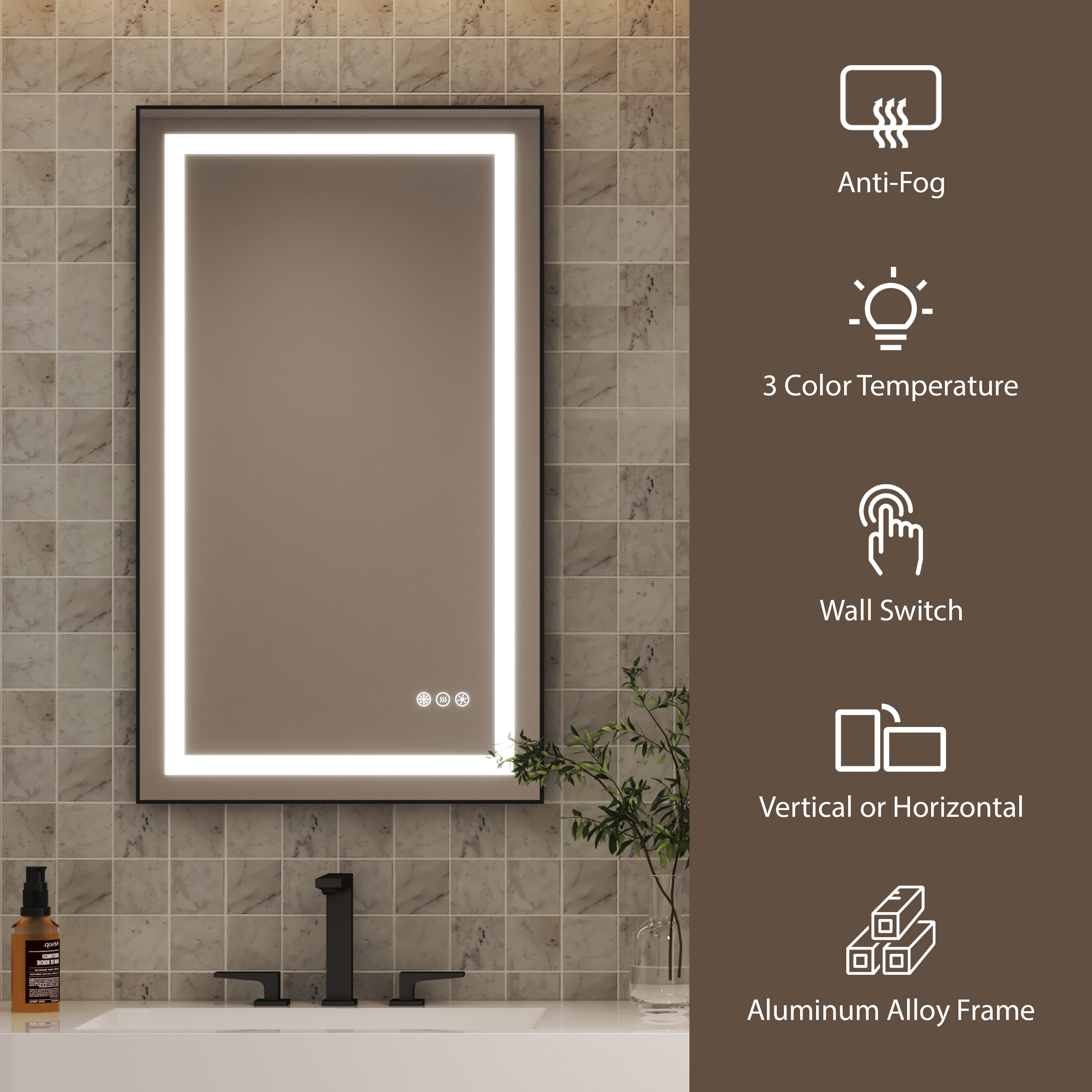 LED Bathroom Mirror with Black Aluminum Frame, Backlit & Front Lighting