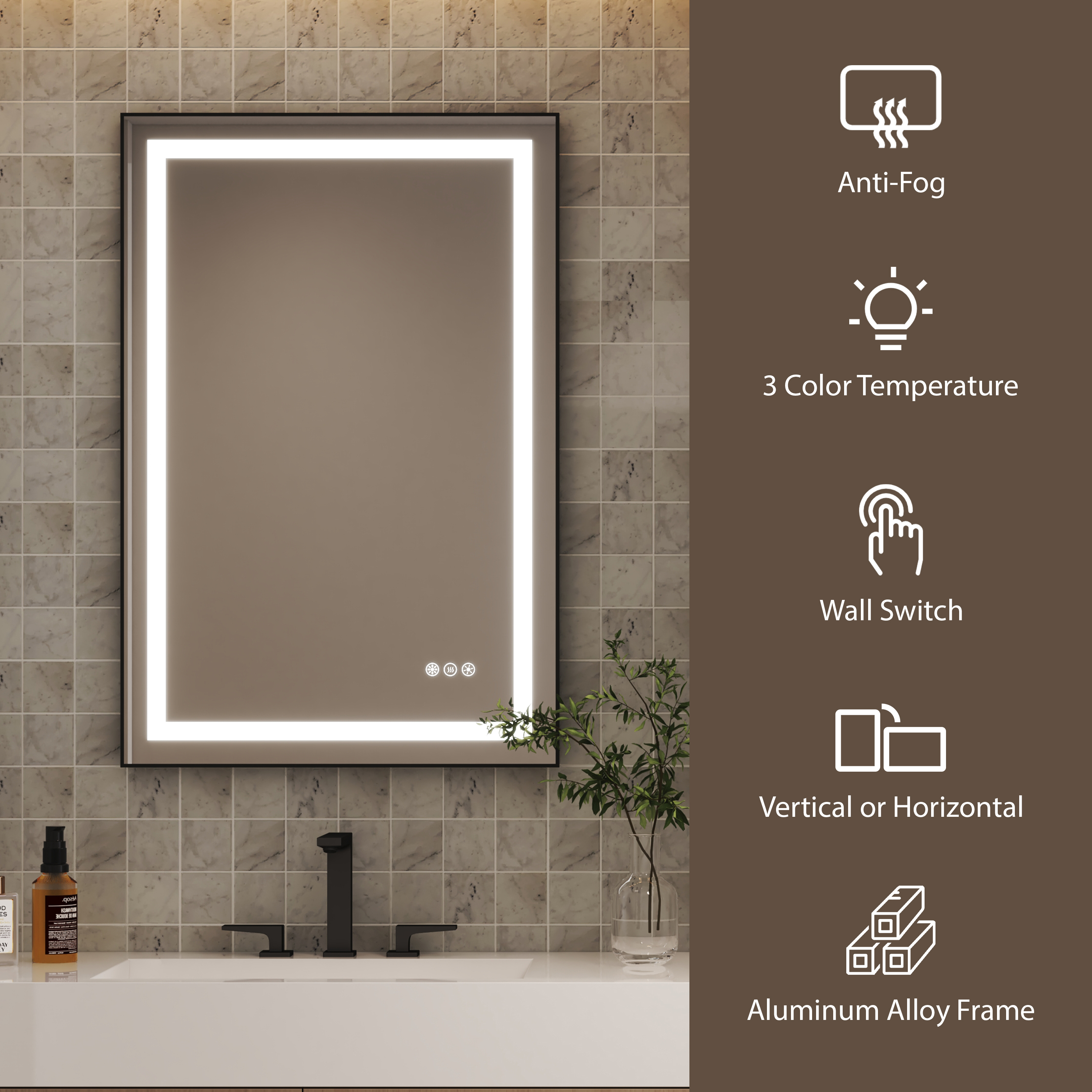 LED Bathroom Mirror with Black Aluminum Frame, Backlit & Front Lighting