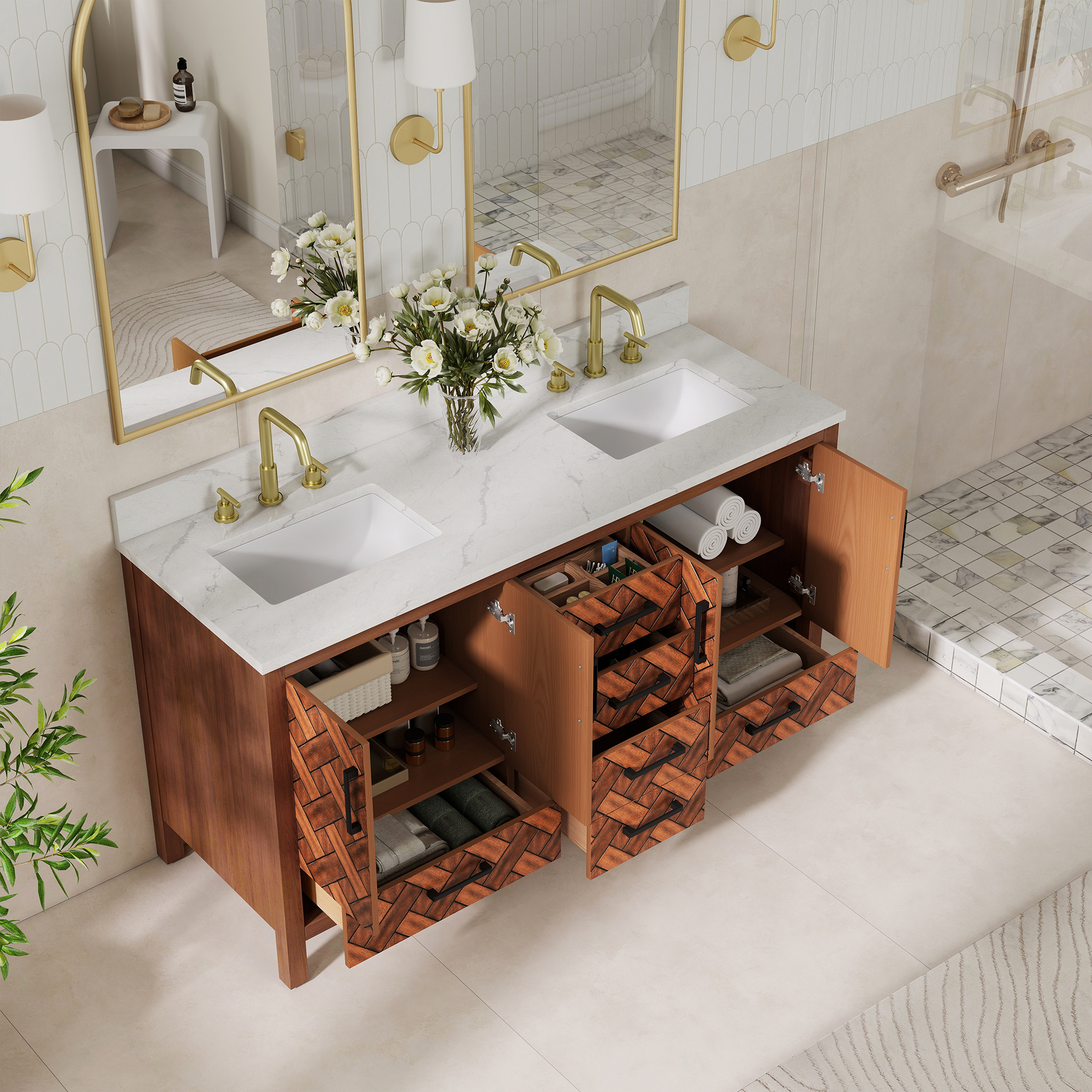 60-inch Double Sink Bathroom Vanity with Engineering Stone Top