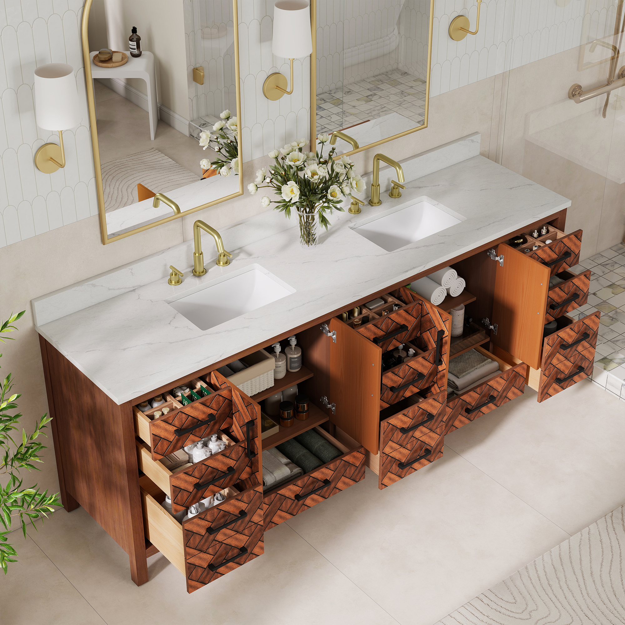 84-inch Freestanding Bathroom Vanity with Double Sink and Engineering Stone Top