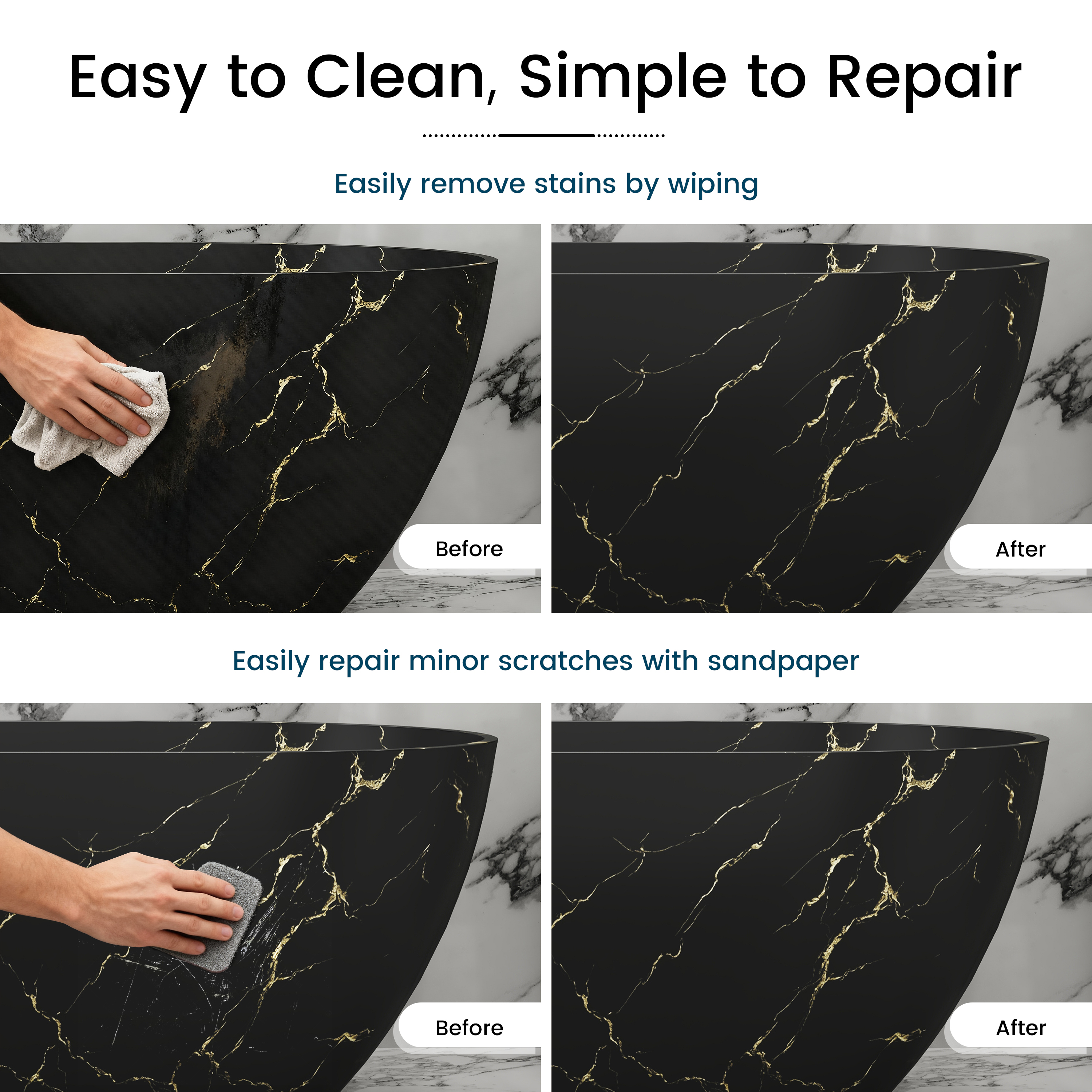 59" Oval Solid Surface Freestanding Bathtub with Black & Gold Star River Pattern