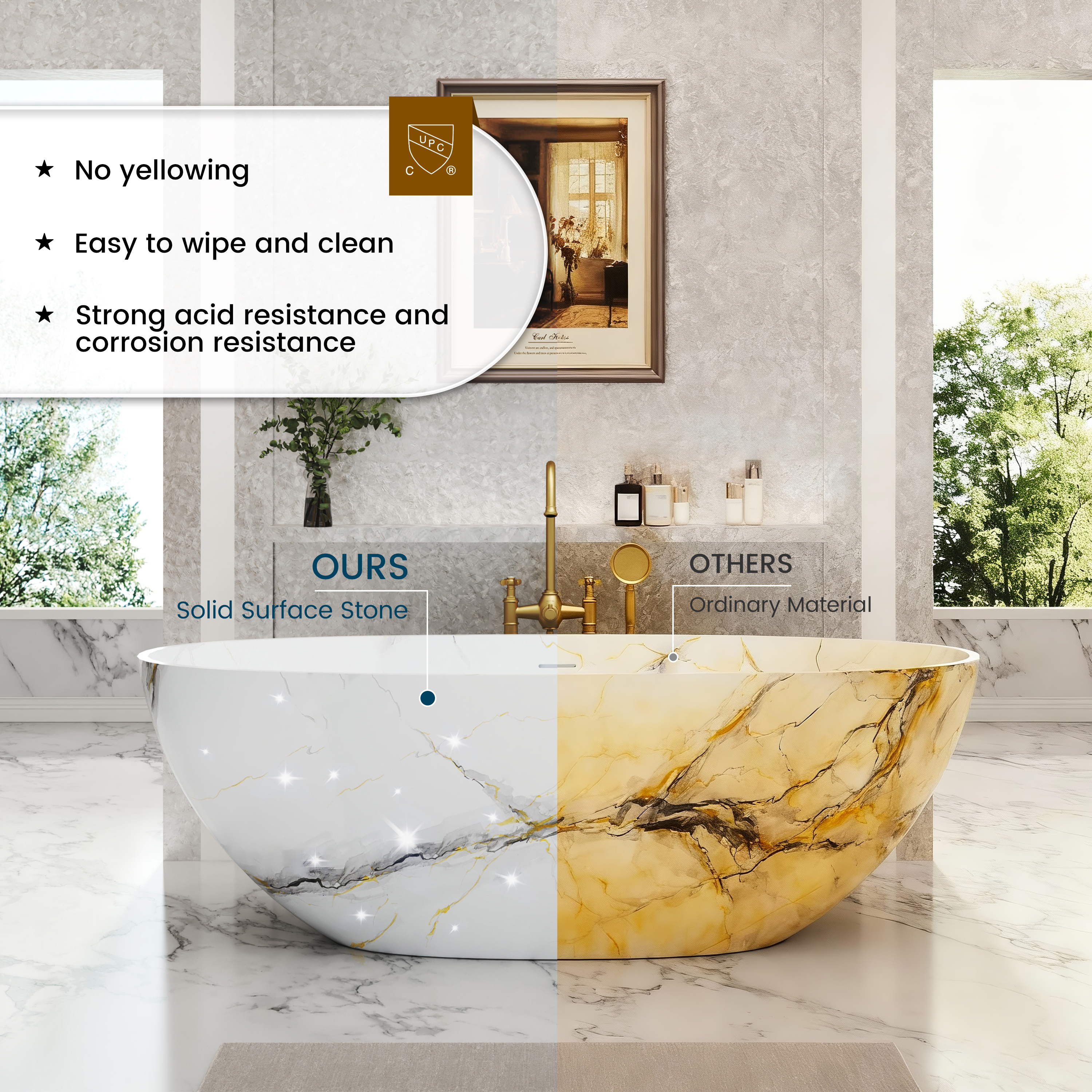 65" Freestanding Solid Surface Oval Bathtub in Marble Look Finish