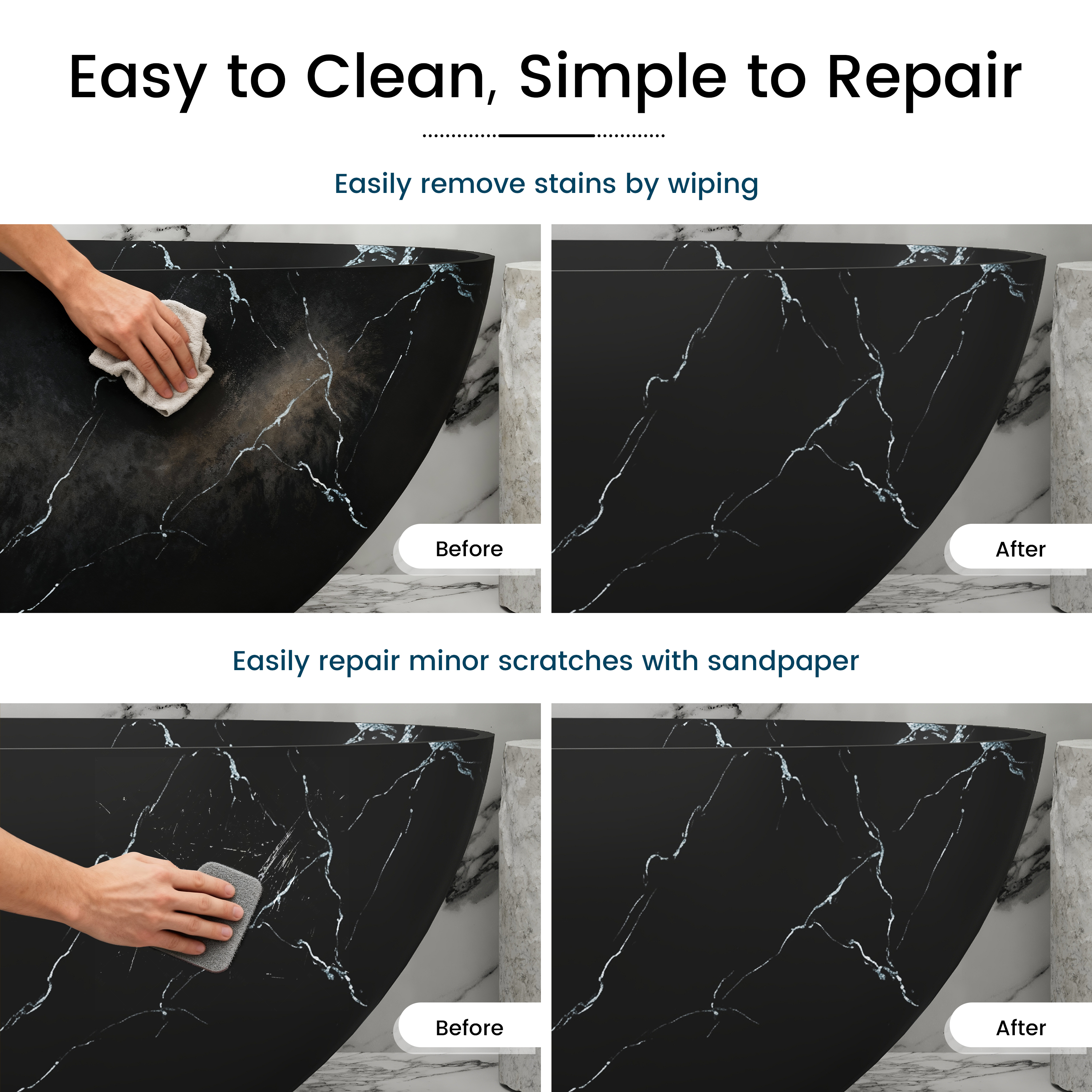 65" Freestanding Solid Surface Oval Bathtub in Marble Look Finish