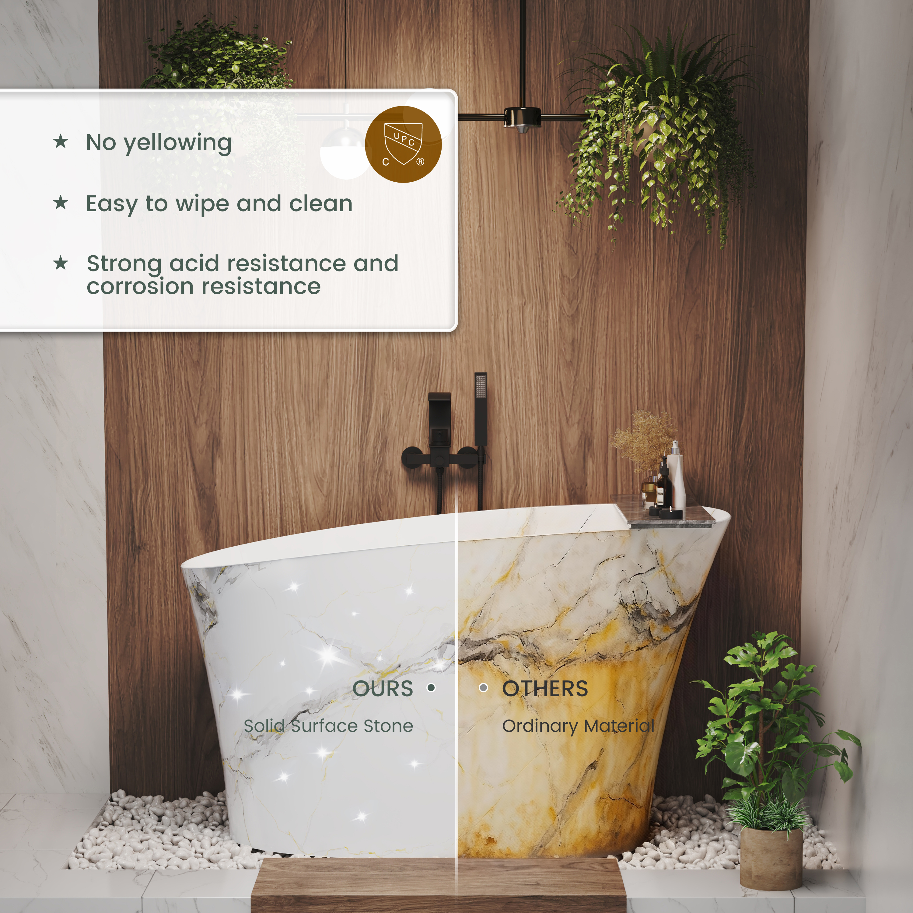 51" Freestanding Solid Surface Soaking Tub with Built-In Seat in Wood Grain & Marble Finish