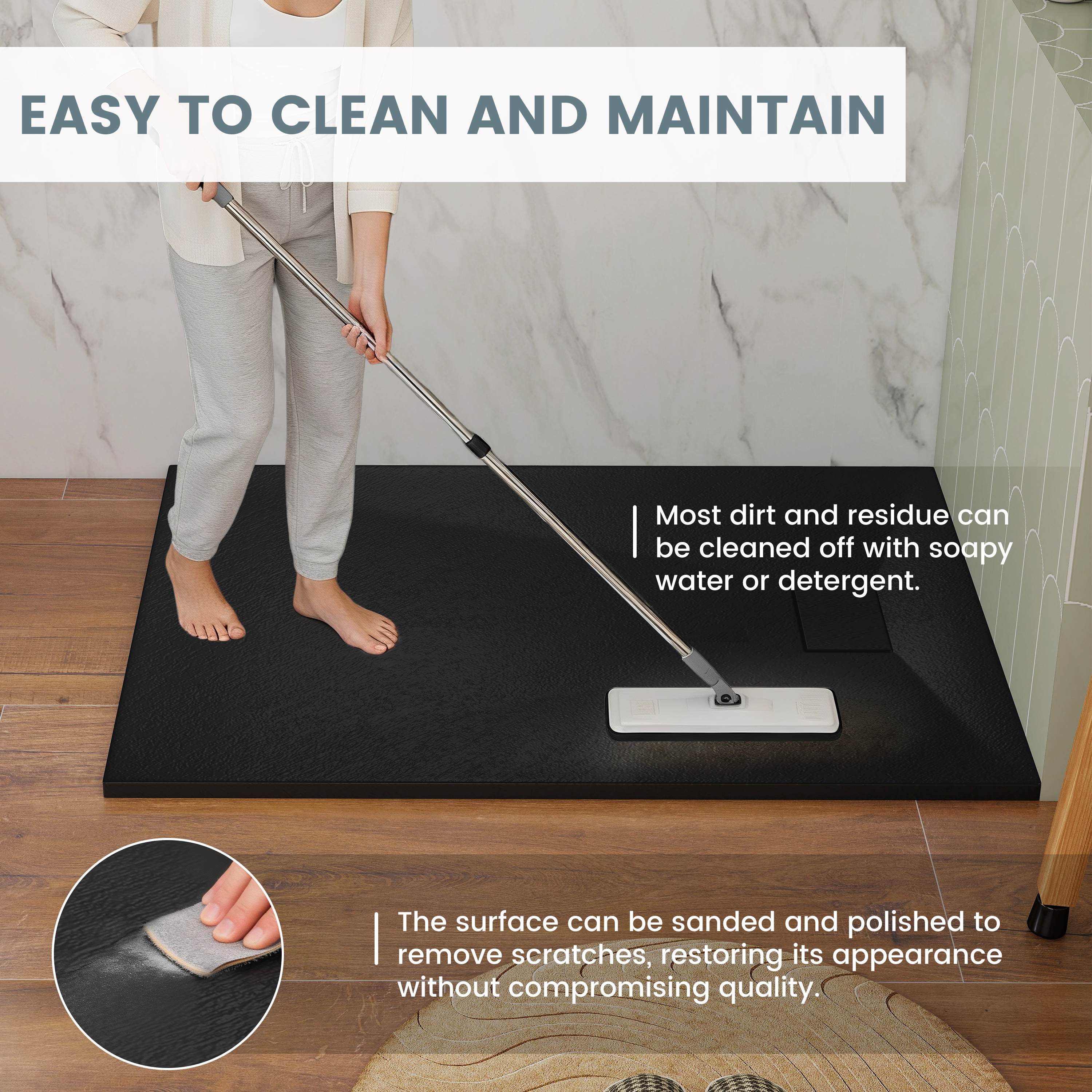 European-Style SMC Shower Base with Sleek Marble Texture in Black & White