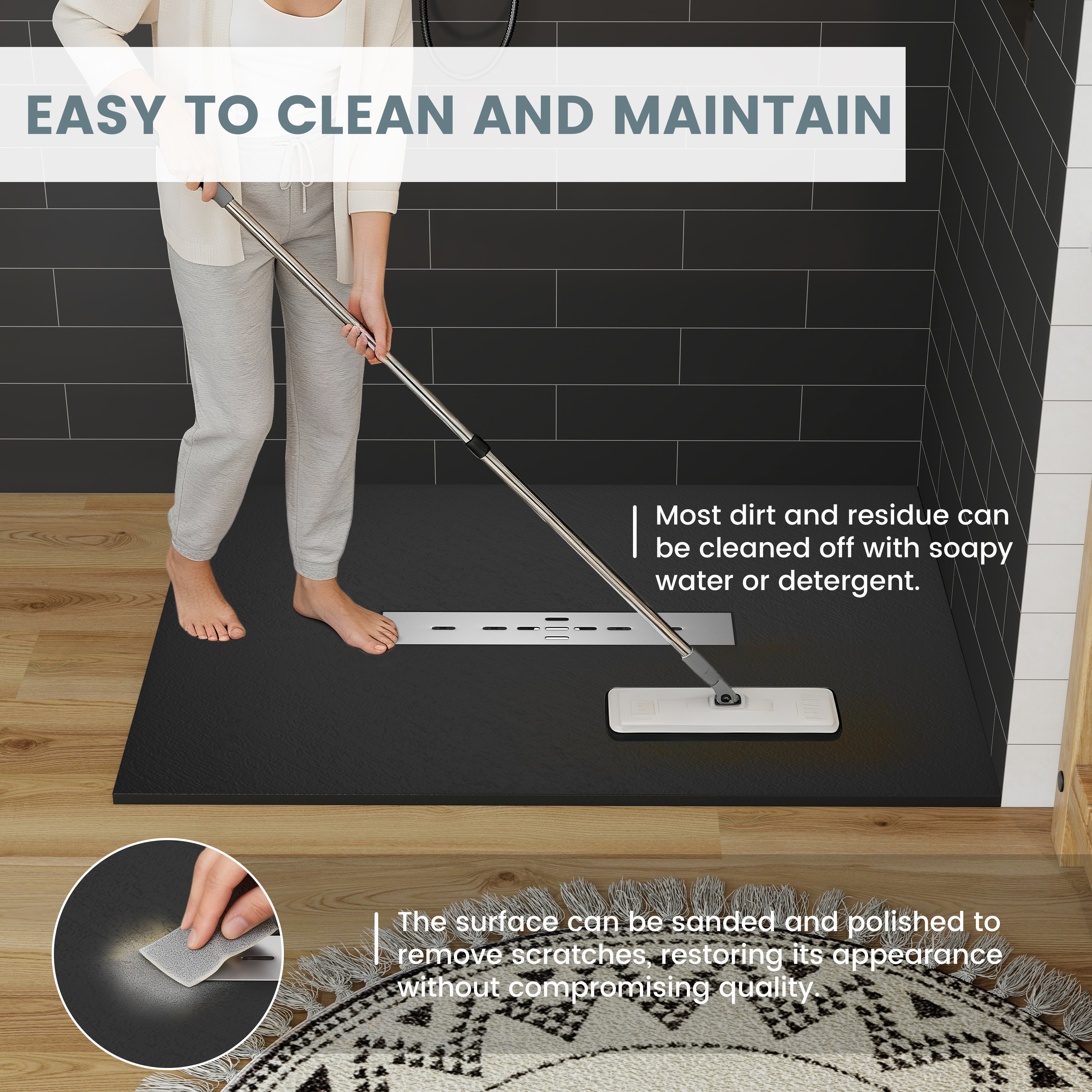 Durable SMC Composite Shower Base Pan with Center Drain in Black & White