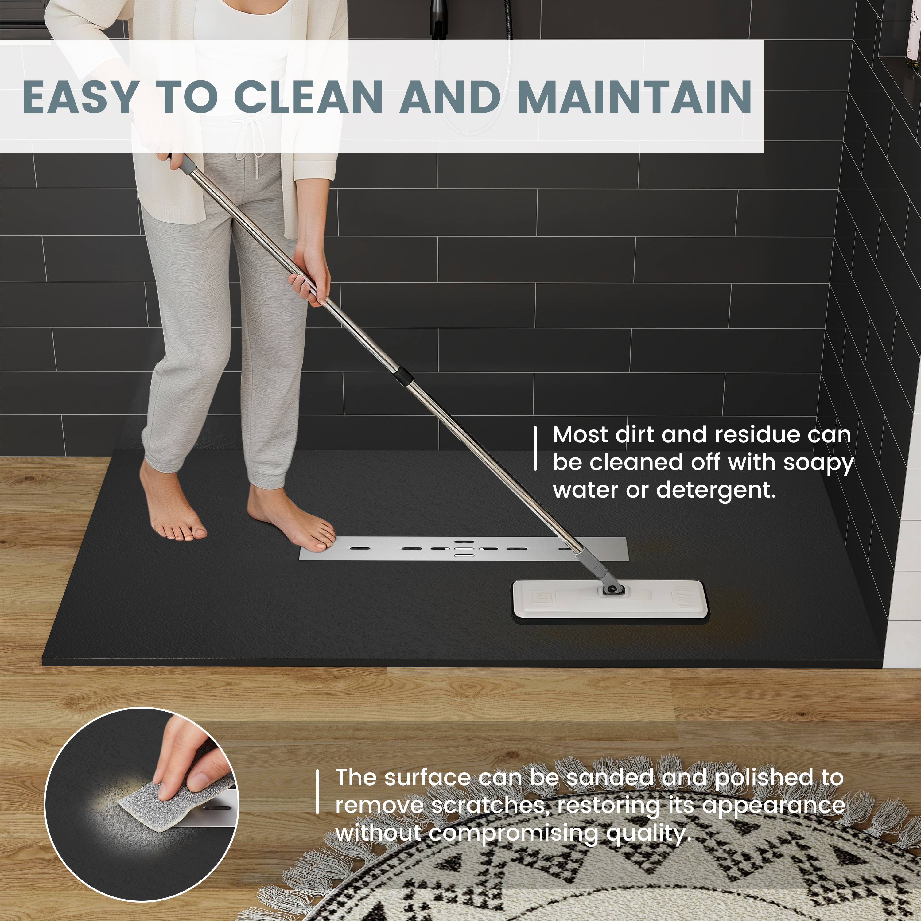 Durable SMC Composite Shower Base Pan with Center Drain in Black & White