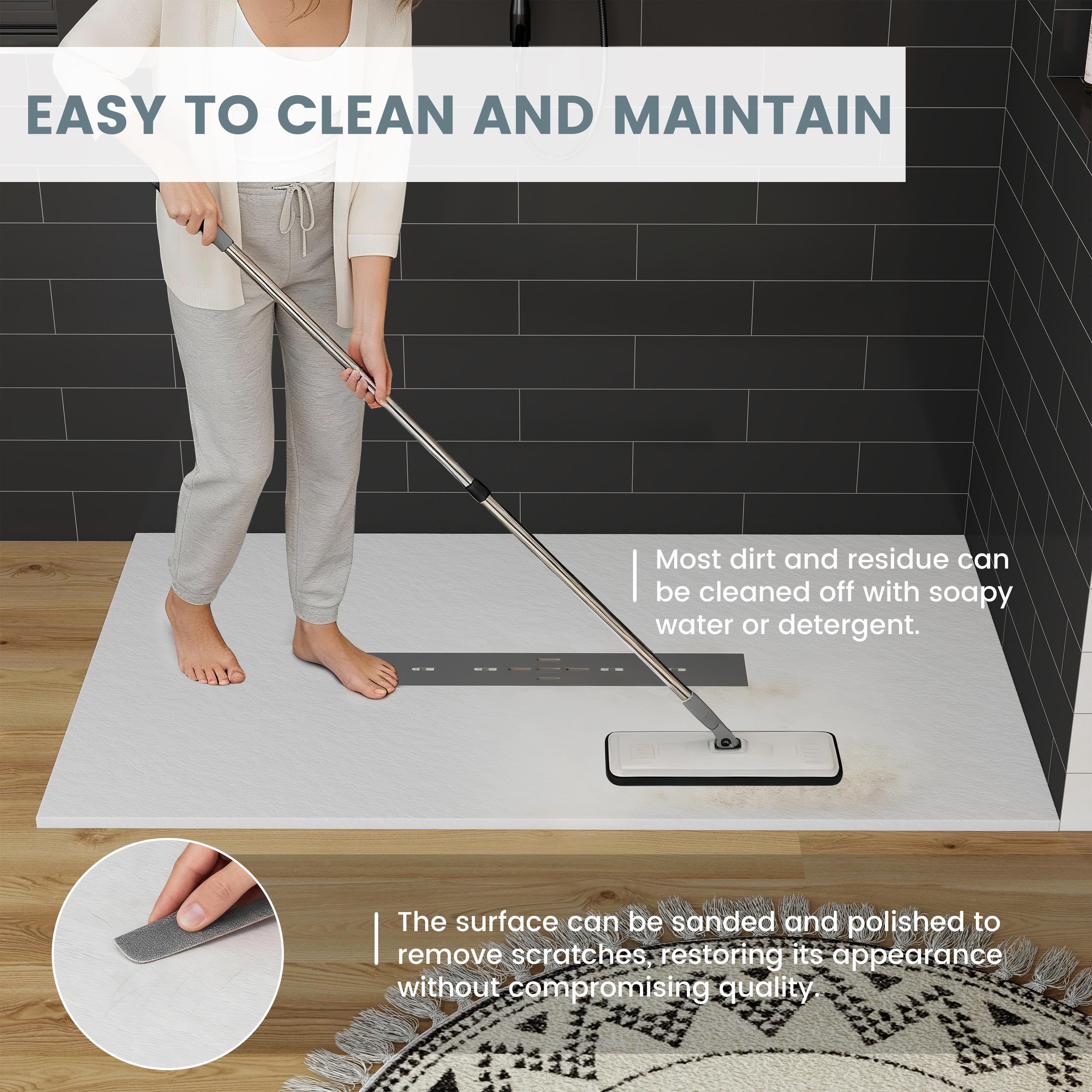 Durable SMC Composite Shower Base Pan with Center Drain in Black & White