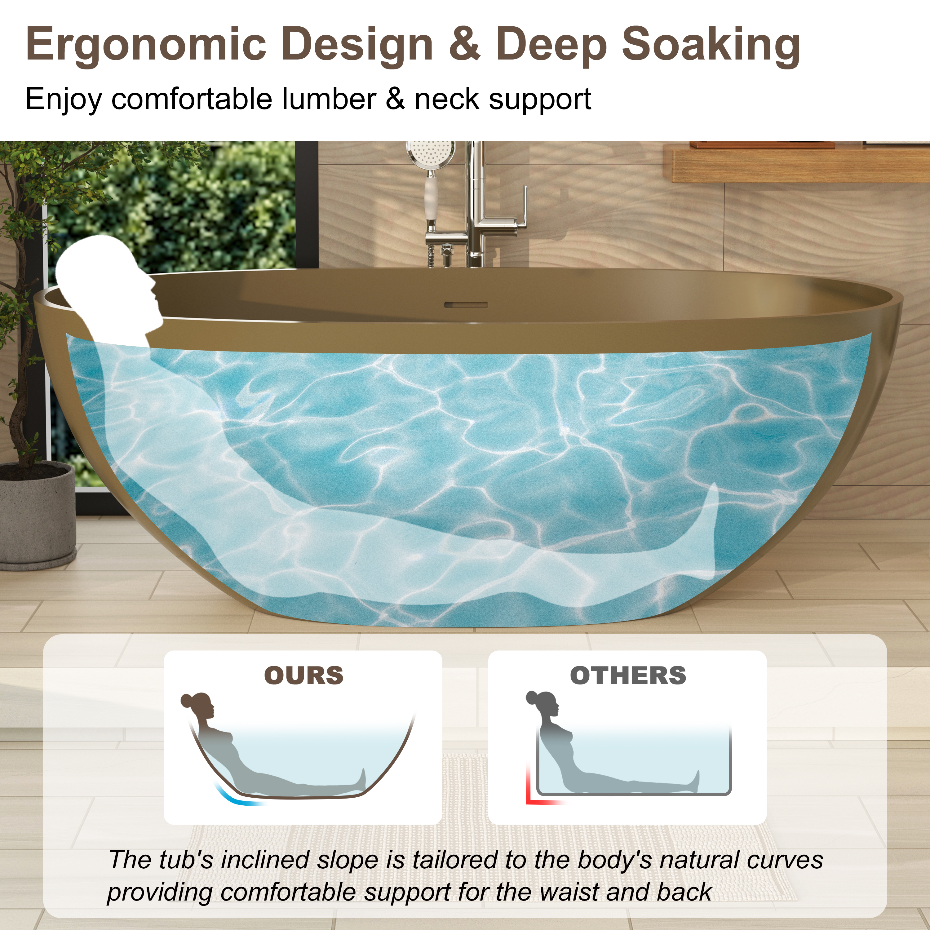 61" Freestanding Solid Surface Stone Soaking Bathtub in Modern Camel