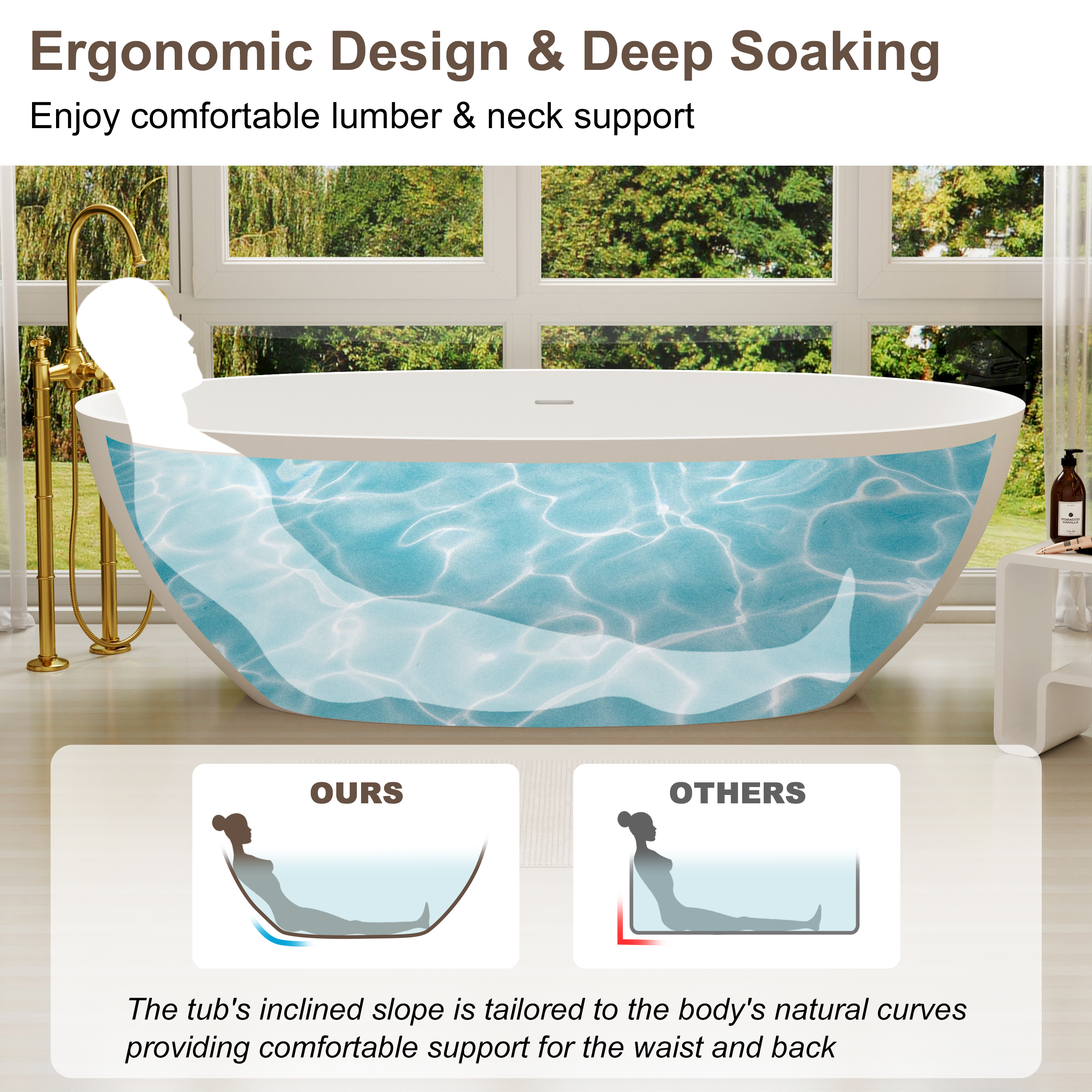 CasaSolid 55"/61"/65"/71" Solid Surface Matte White Freestanding Soaking Bath Tubs - Monaco