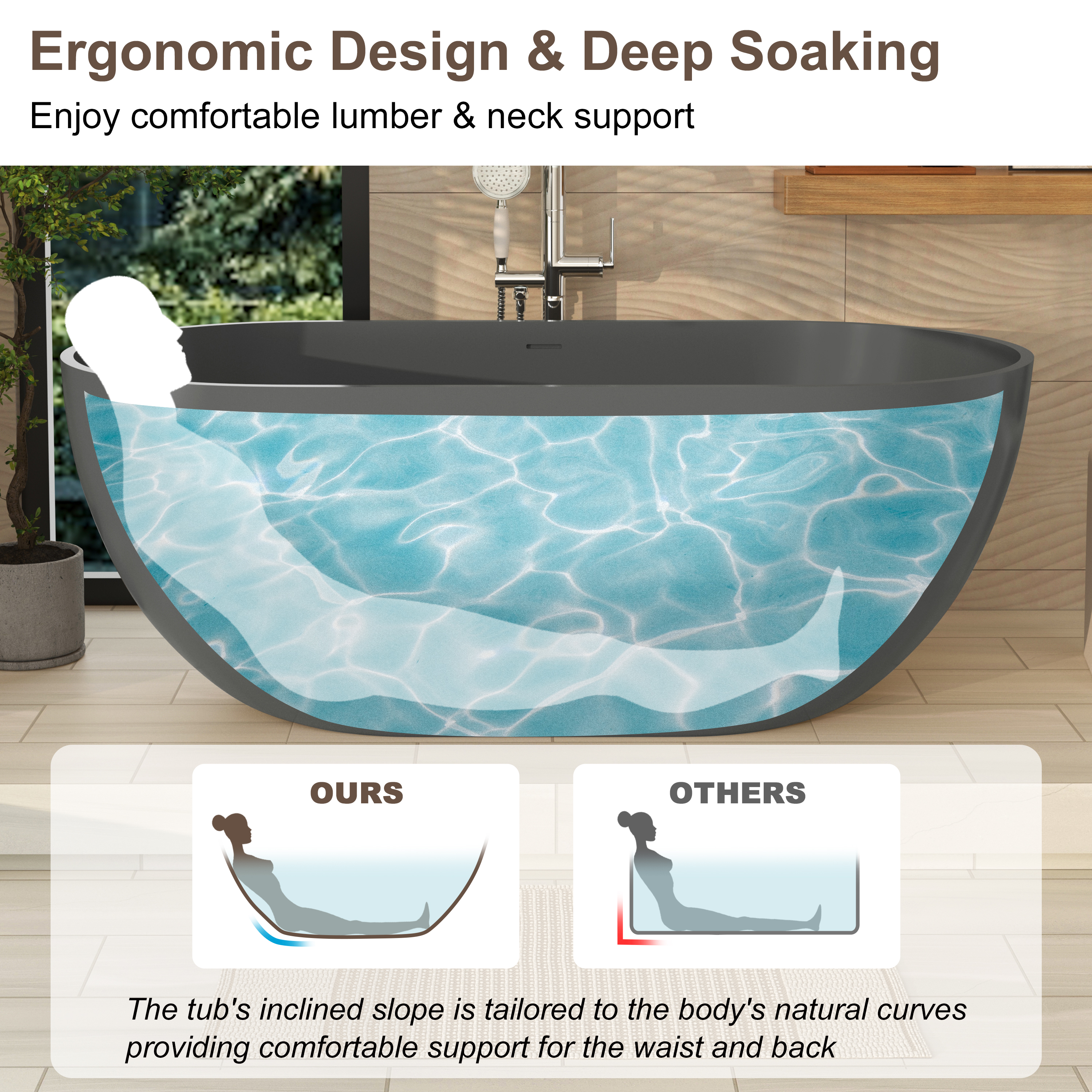 59" Dark Grey Solid Surface Freestanding Bathtub with Modern Industrial Elegance