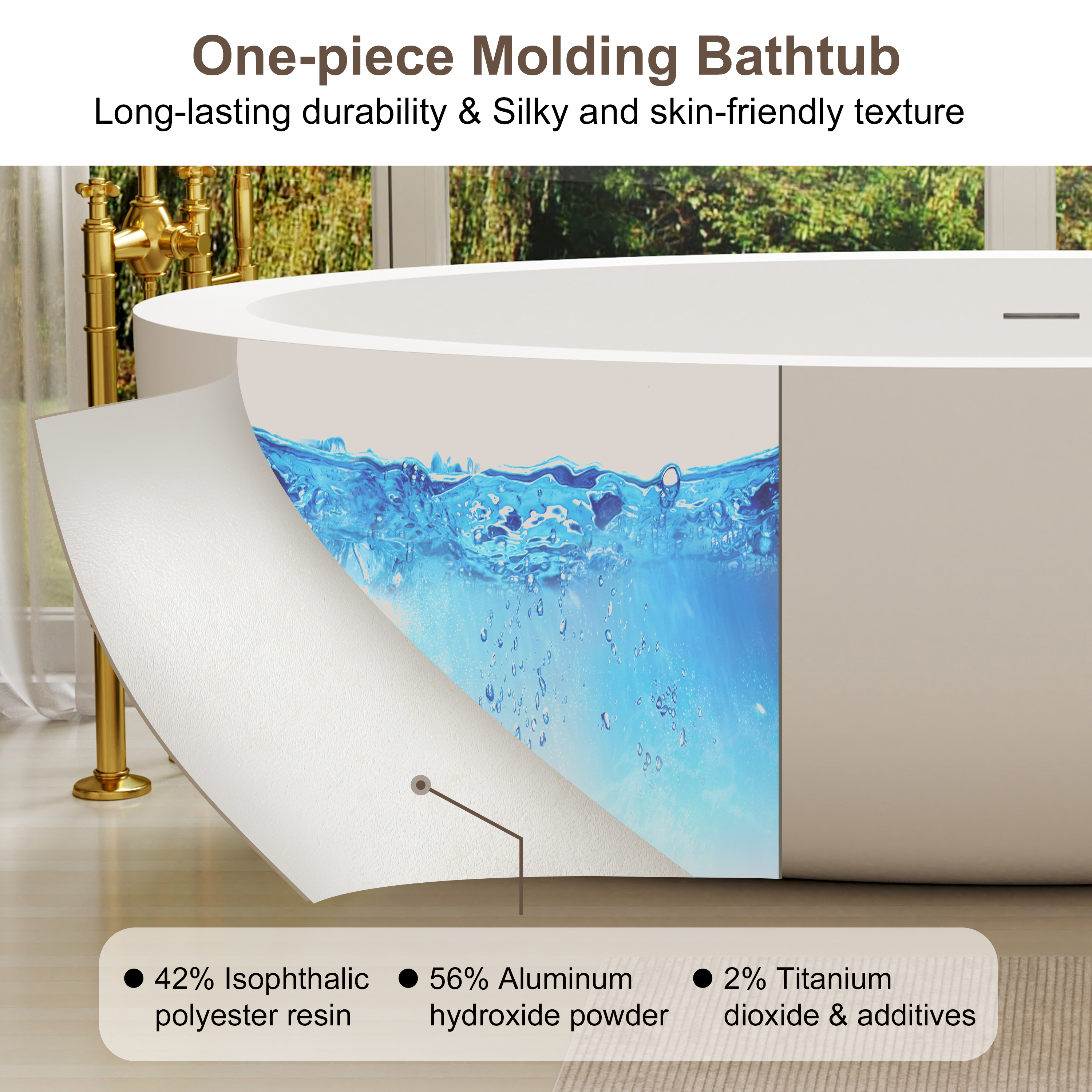 73" Matte White Solid Surface Freestanding Bathtub with Thick Rim Design