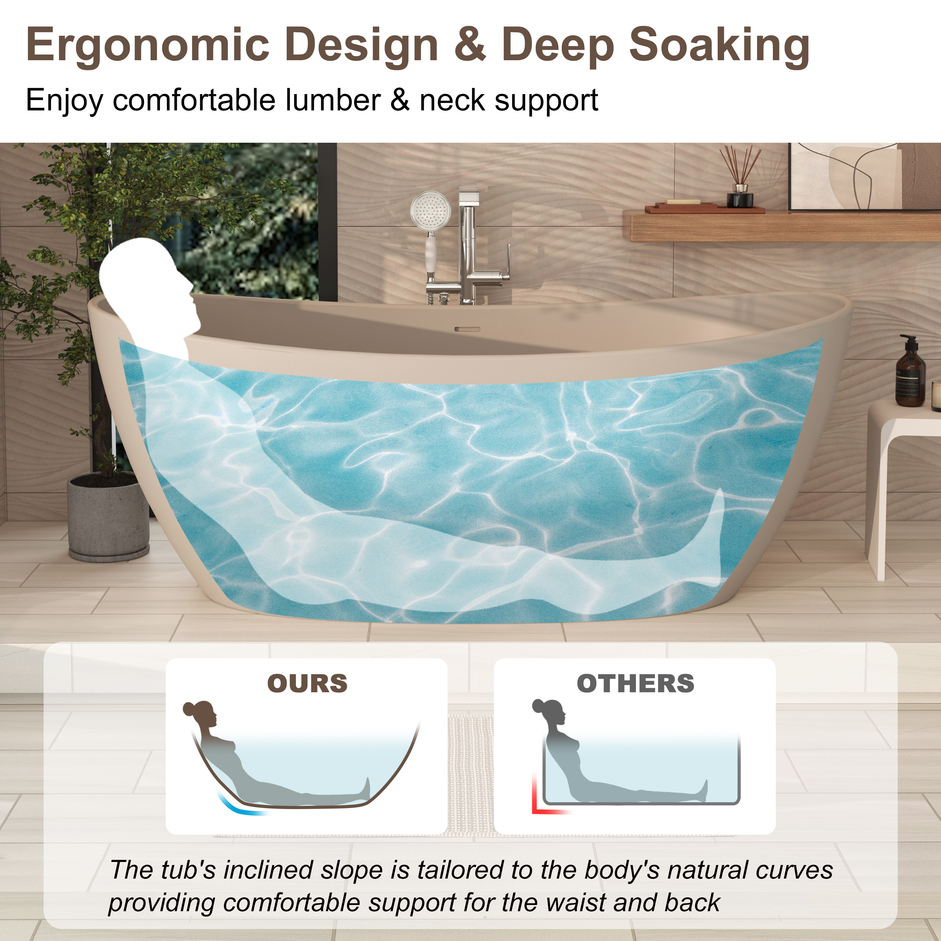 65" Double-Ended Freestanding Solid Surface Bathtub with Modern Cream-Style Soaking