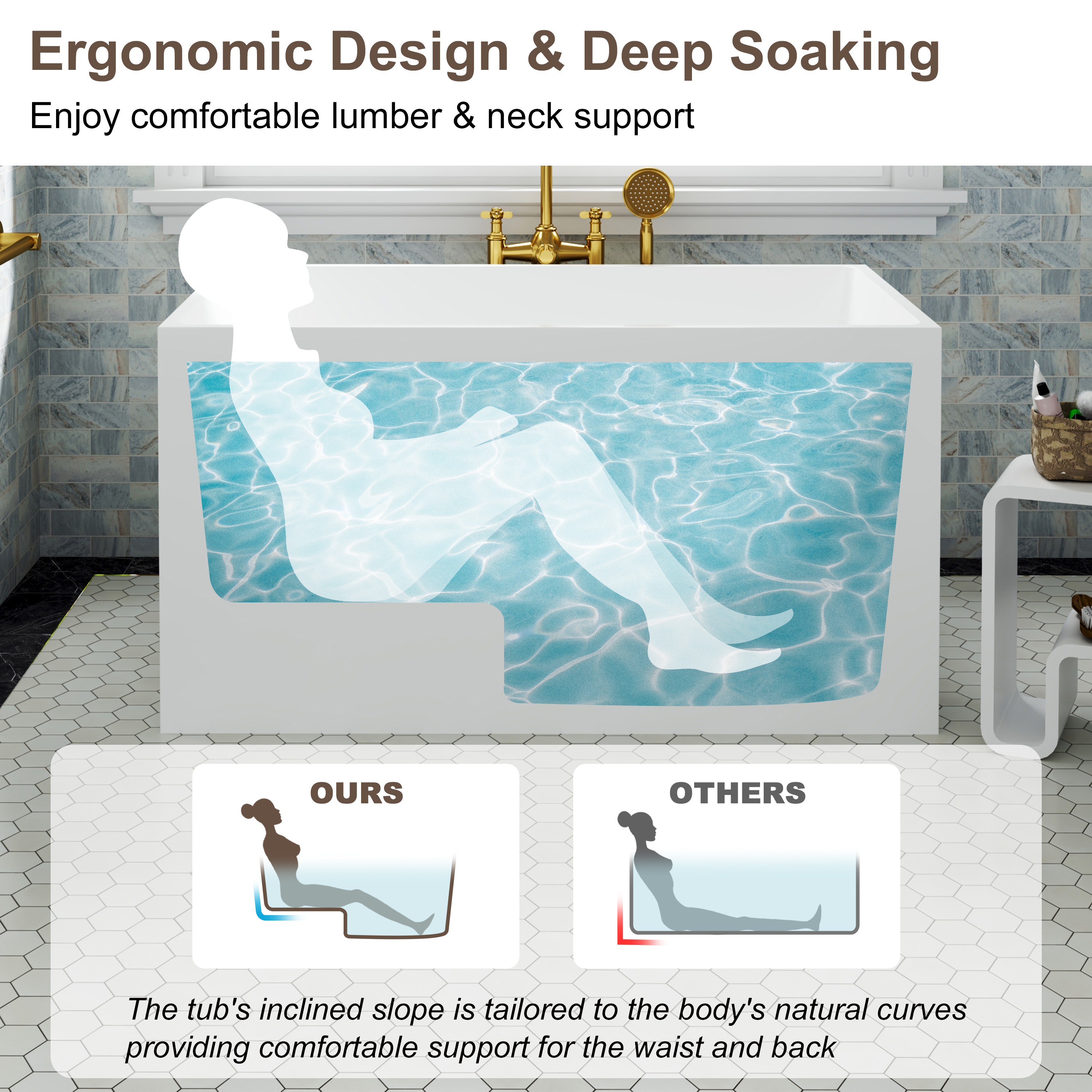 39"/47" Glossy White Minimalist Freestanding Bathtub with Built-In Seat