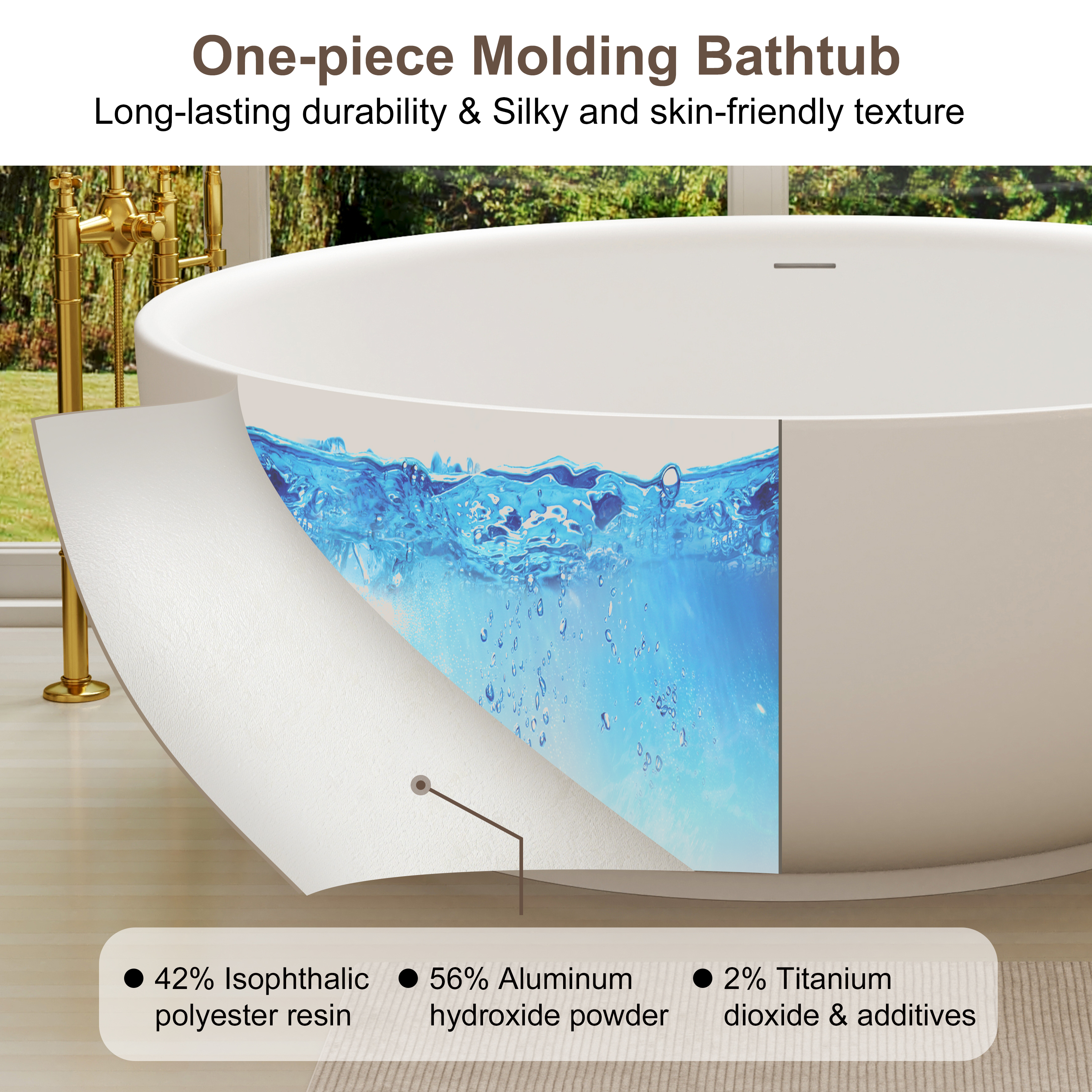 59" Round Solid Surface Freestanding Bathtub for Two in Matte White