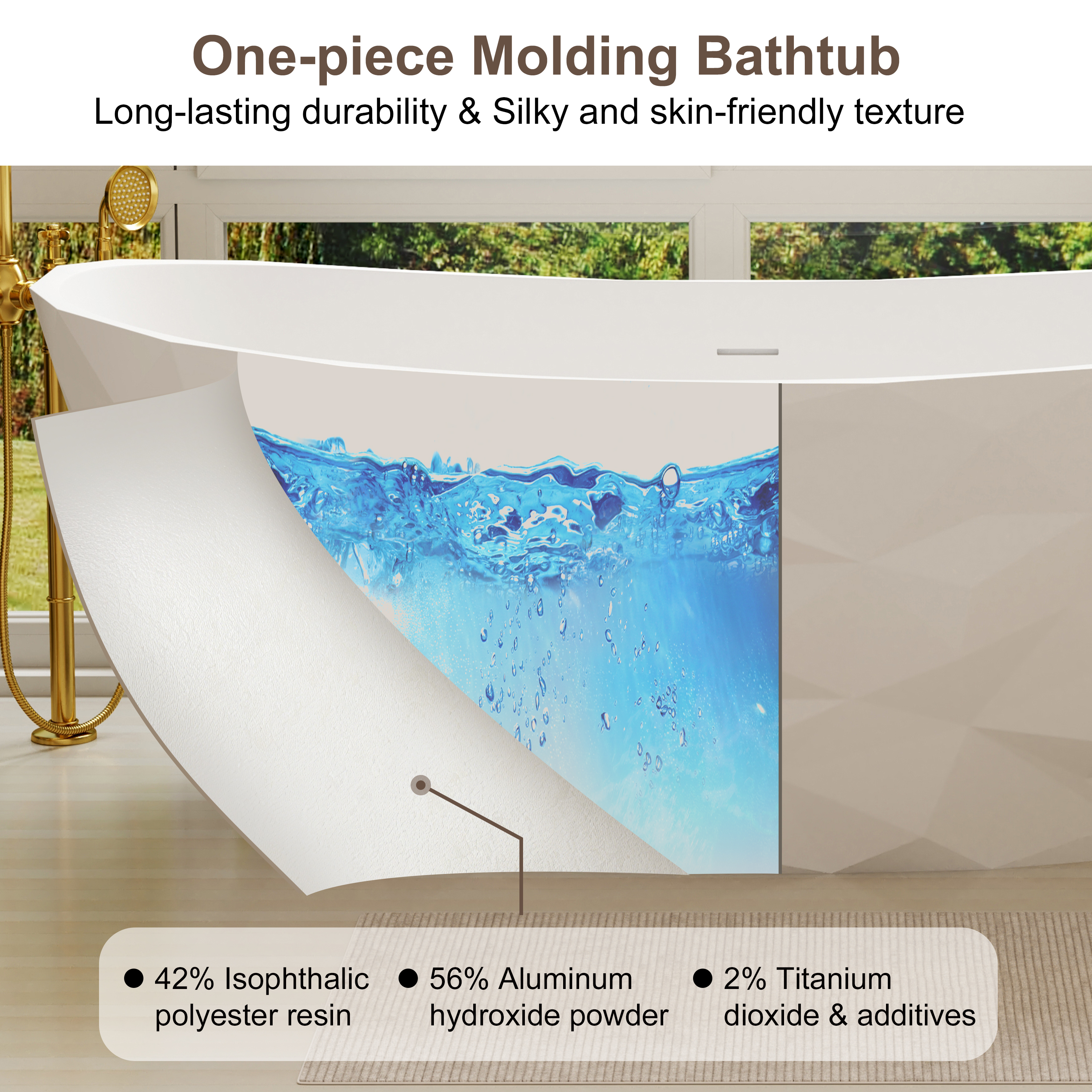 64" Matte White Faceted Solid Surface Freestanding Bathtub with Architectural Geometry