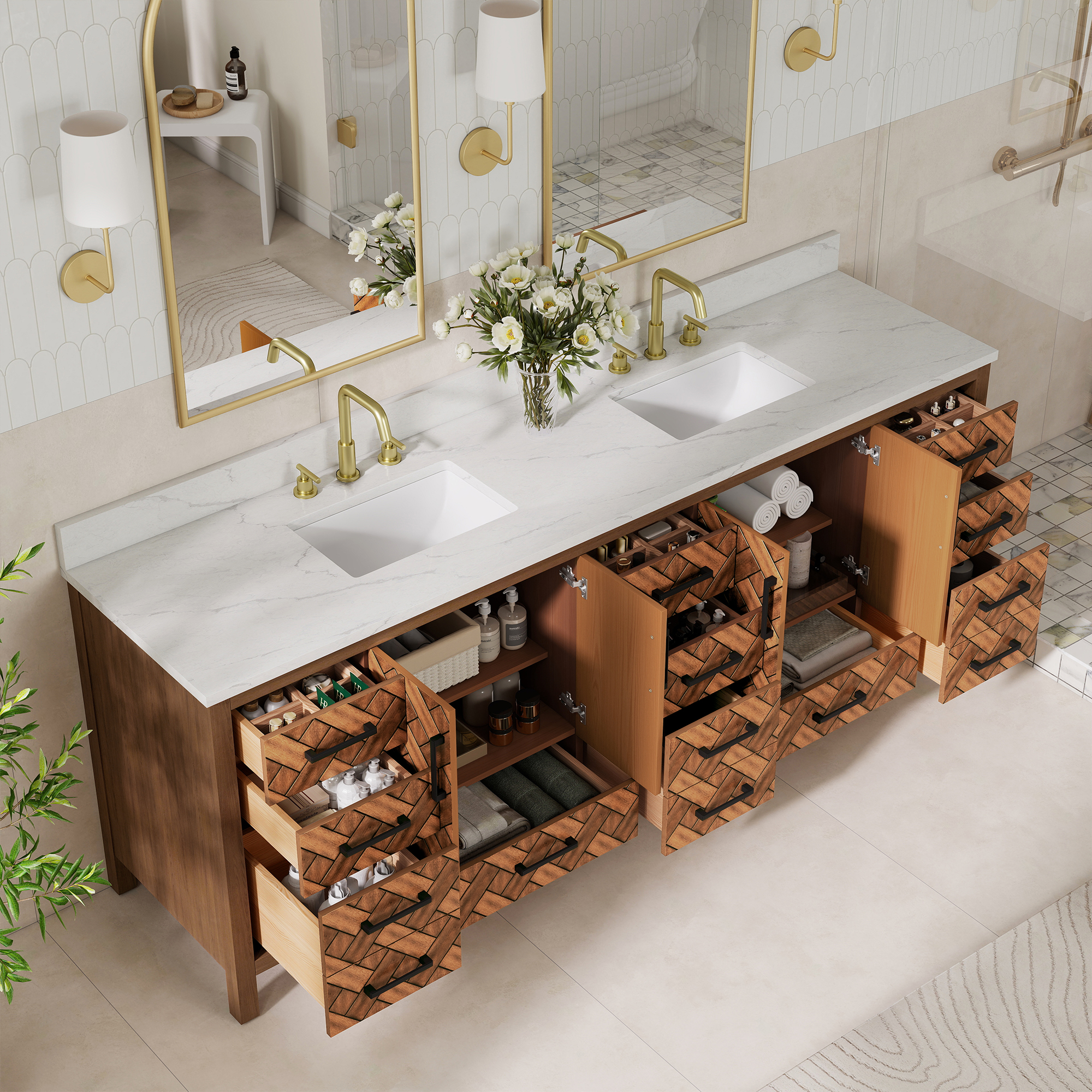 84" Freestanding Bathroom Vanity with Double Sink and Engineering Stone Top