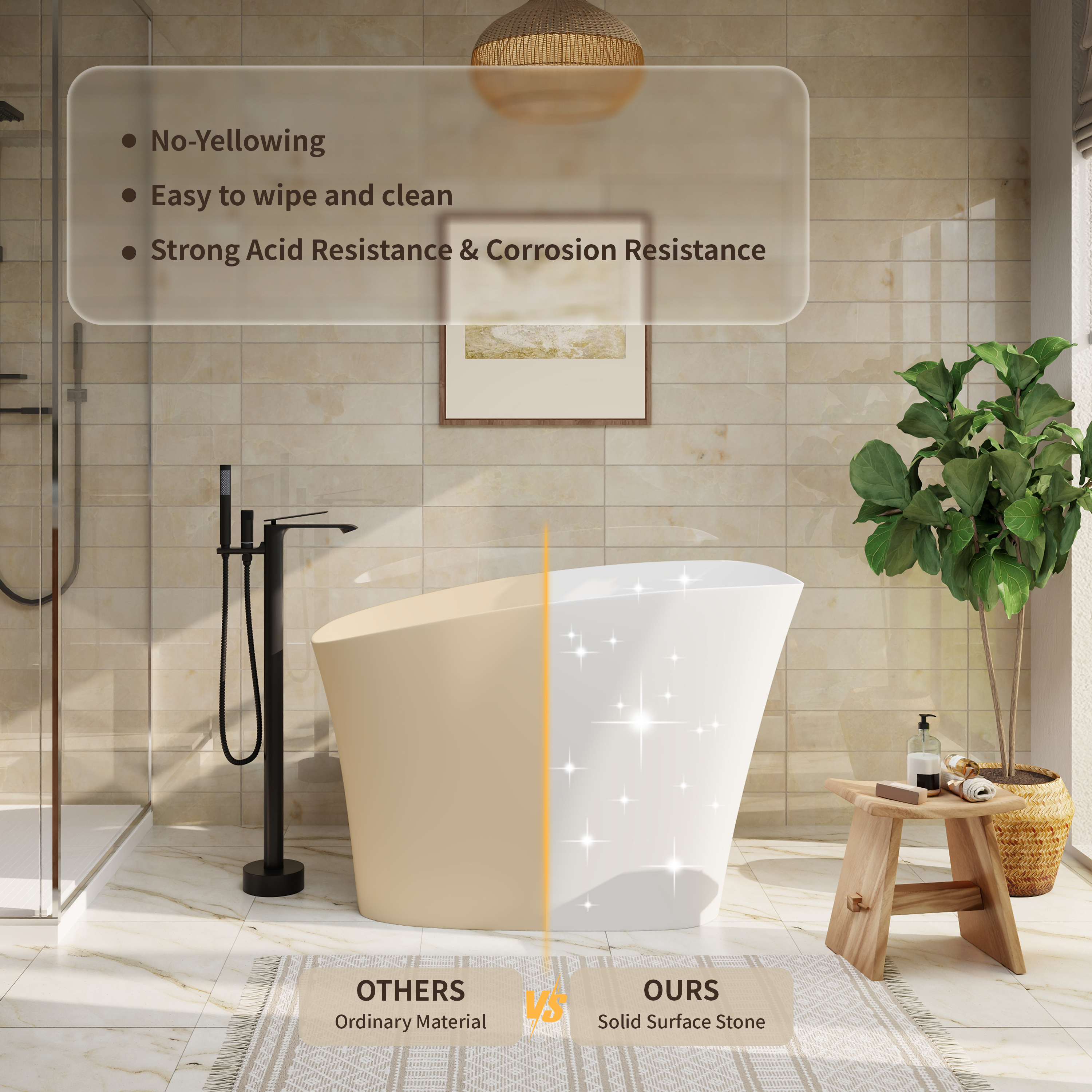 51" Matte White Solid Surface Freestanding Bathtub with Integrated Seat