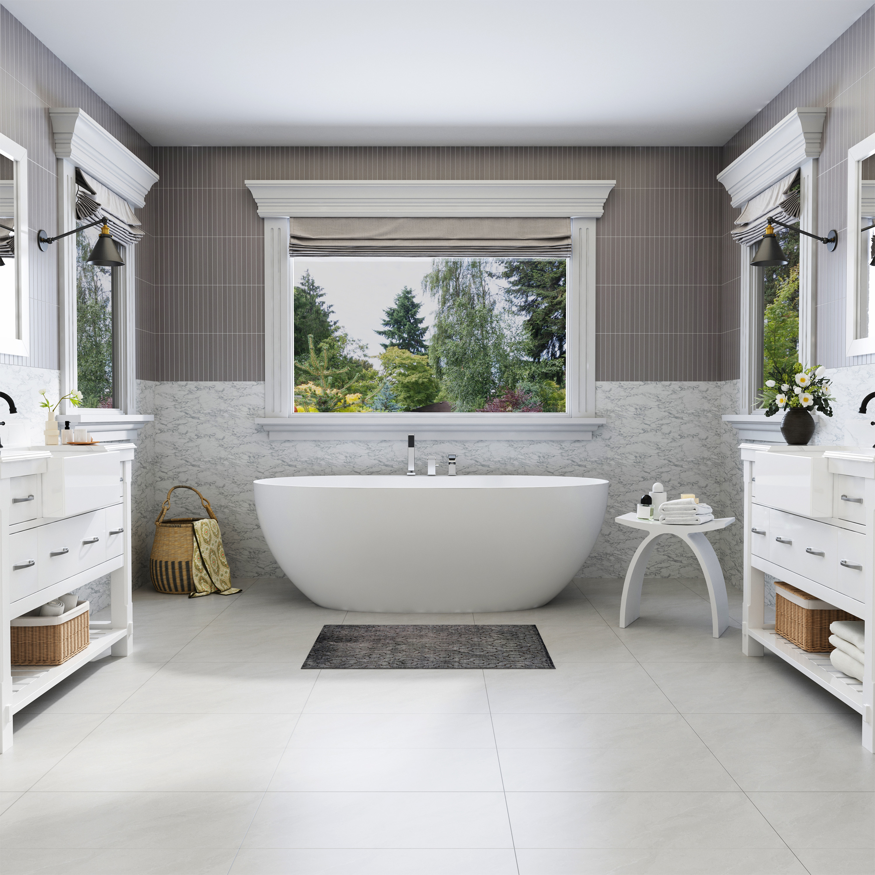 63" Matte White Solid Surface Freestanding Soaking Bathtub with Deck-Mount Faucet Set