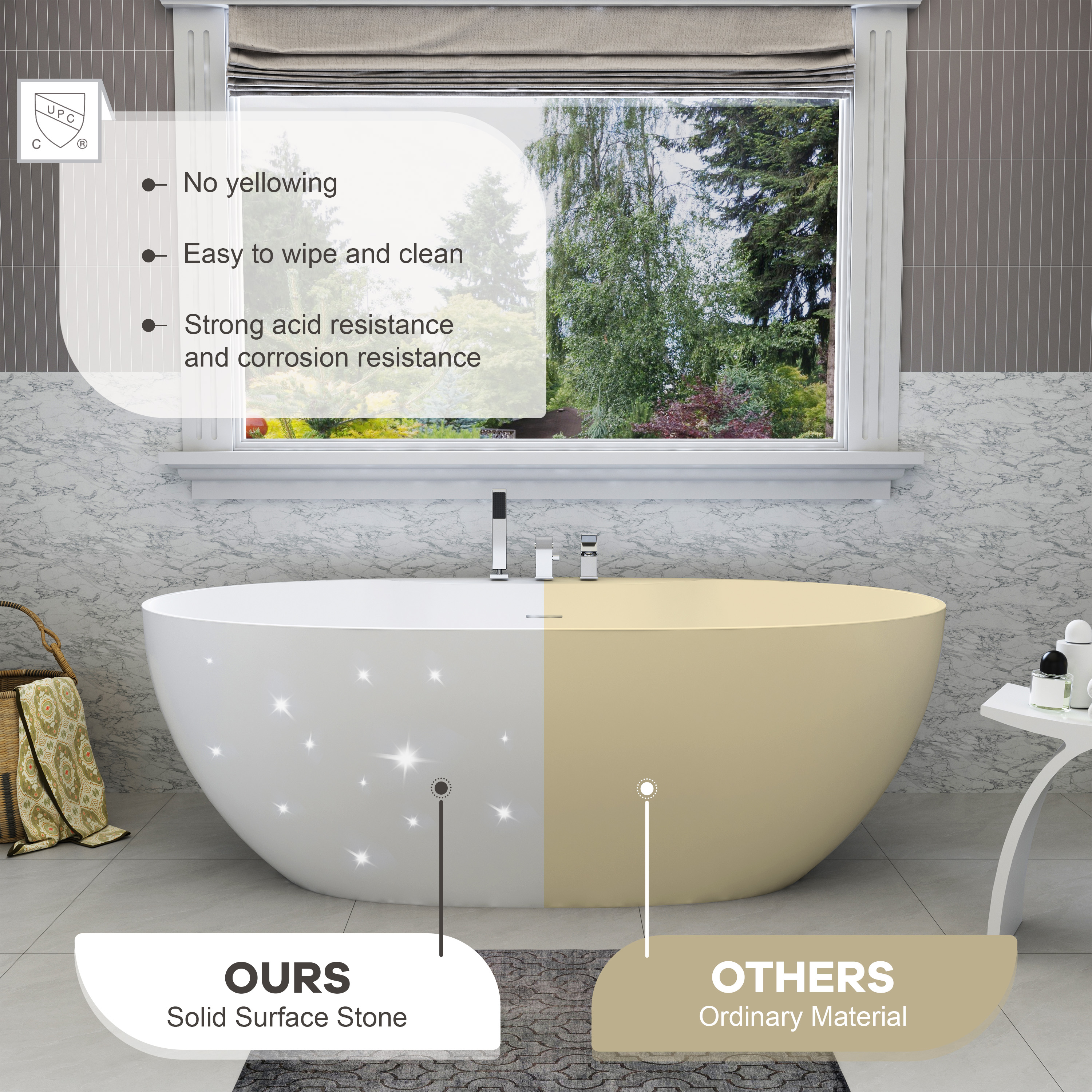 63" Matte White Solid Surface Freestanding Soaking Bathtub with Deck-Mount Faucet Set