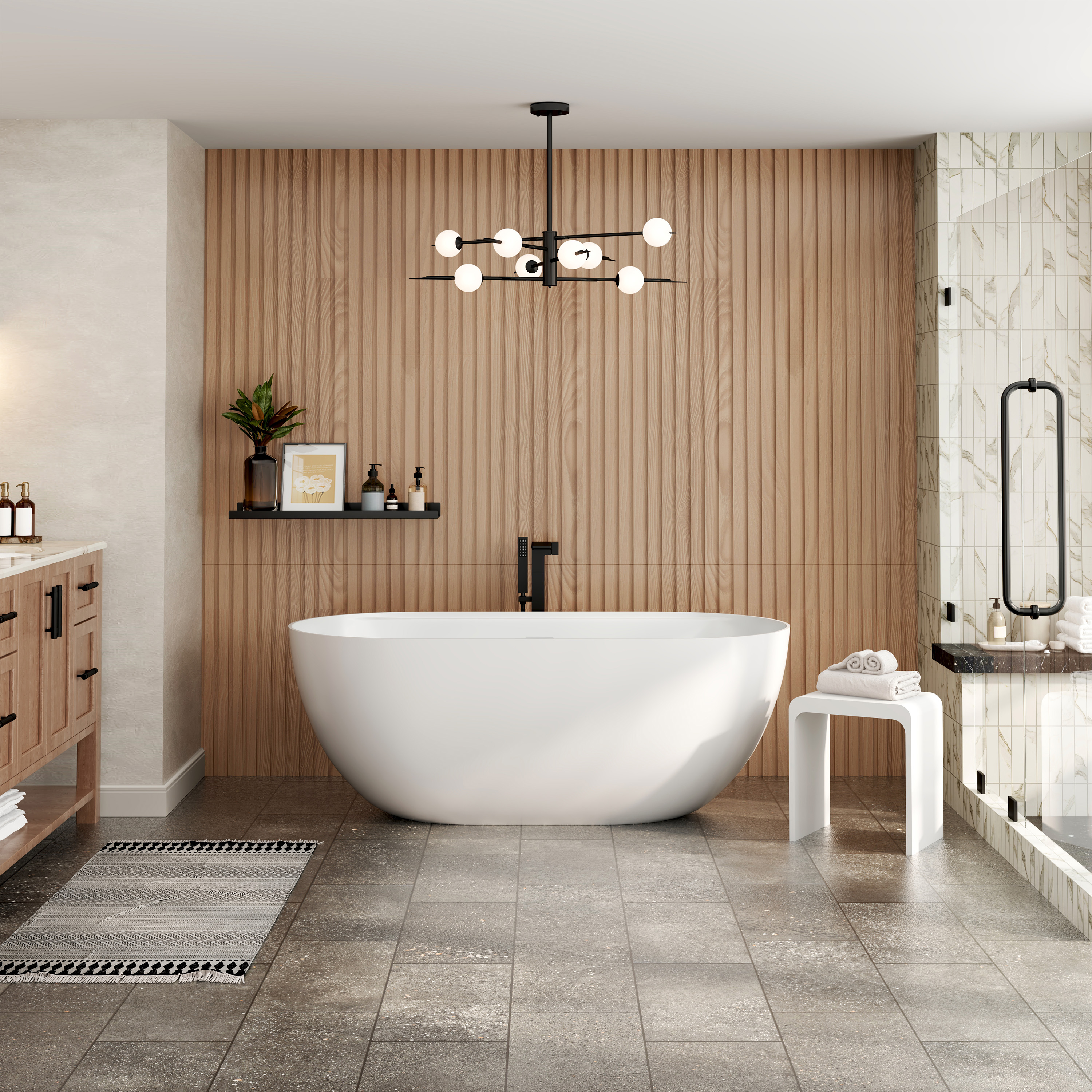 59" Matte White Solid Surface Freestanding Soaking Tub with Bath Caddy