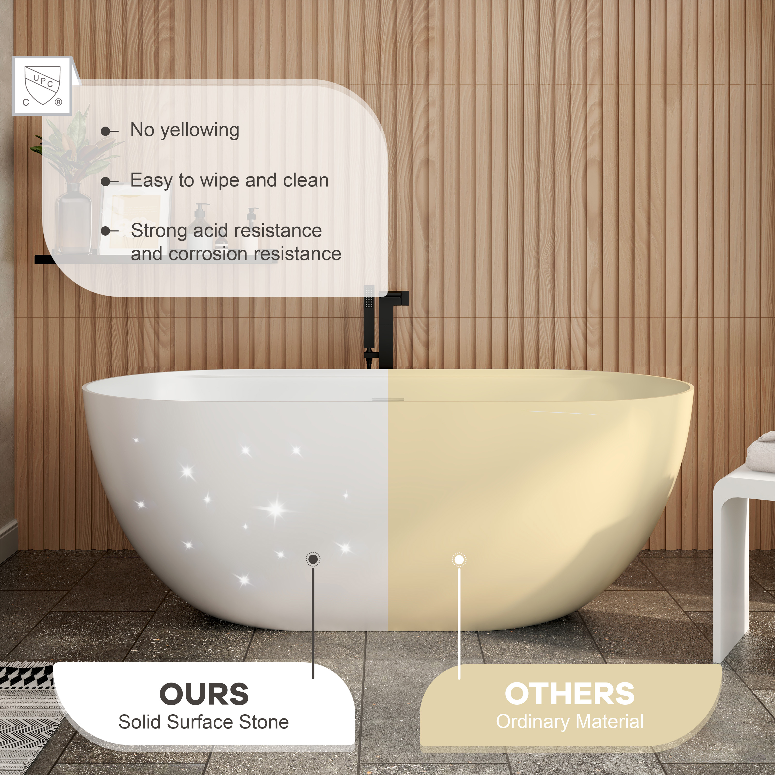 59" Matte White Solid Surface Freestanding Soaking Tub with Bath Caddy