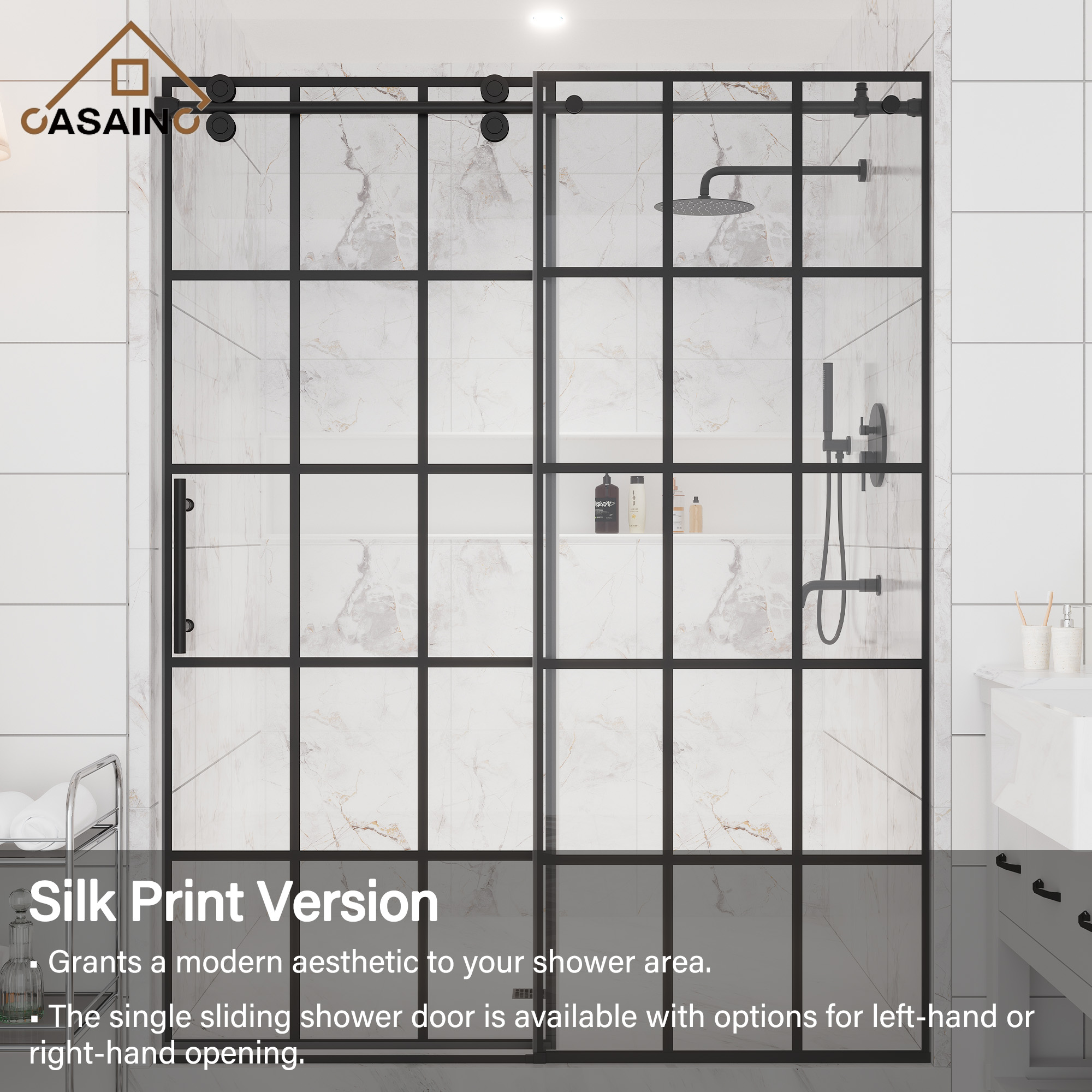 48"x76"/60"x76" Silk-Screen Frameless Single Sliding Shower Door in Matte Black, Black Grid Pattern Design, Irreversible Installation