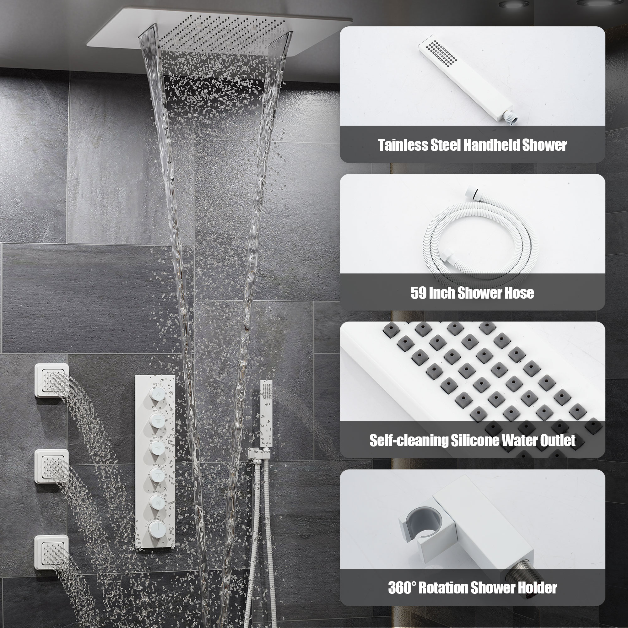 20*24'' Rectangle Shower System With 4 Sprays Modes & 3 Body Jets