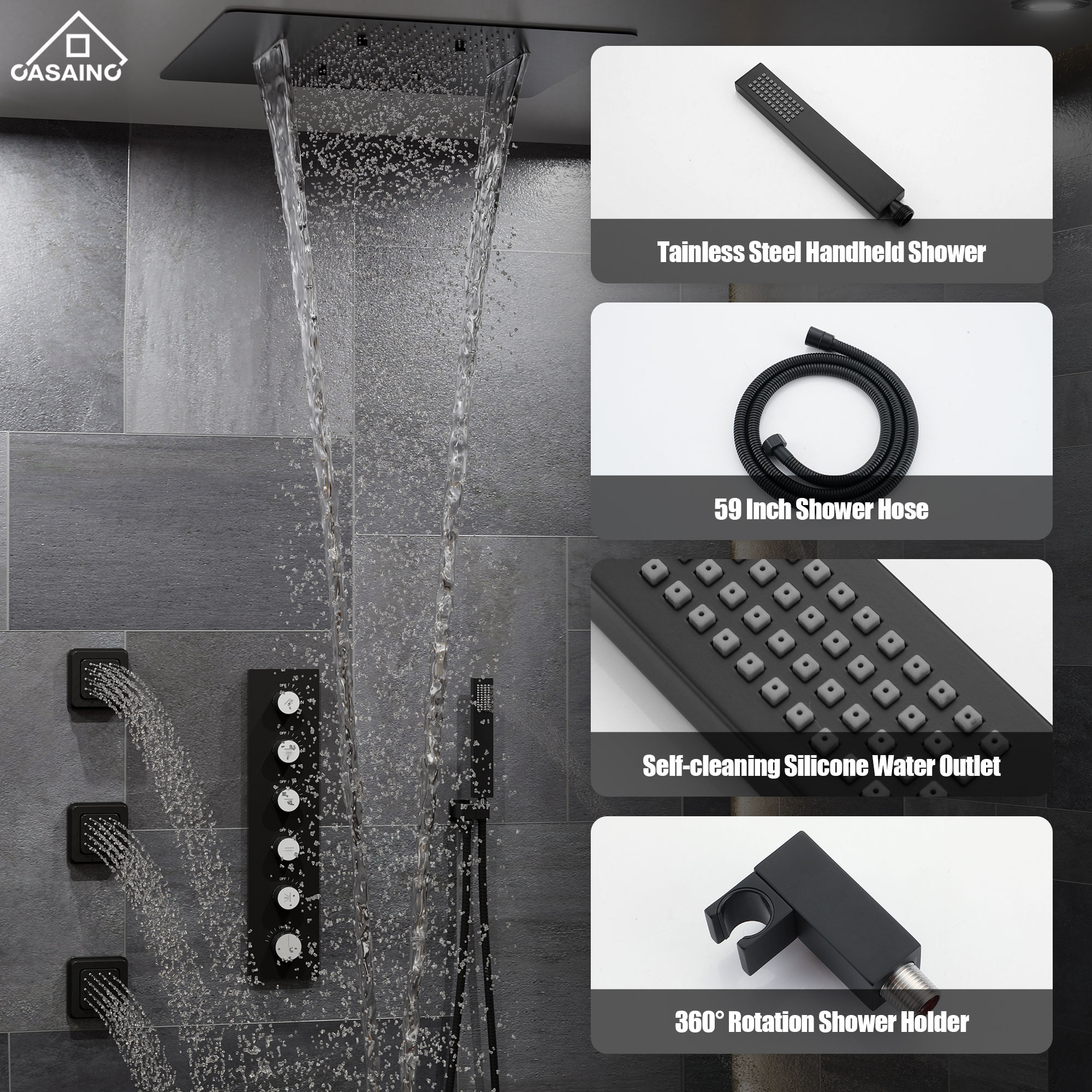 20*24'' Rectangle Shower System With 4 Sprays Modes & 3 Body Jets