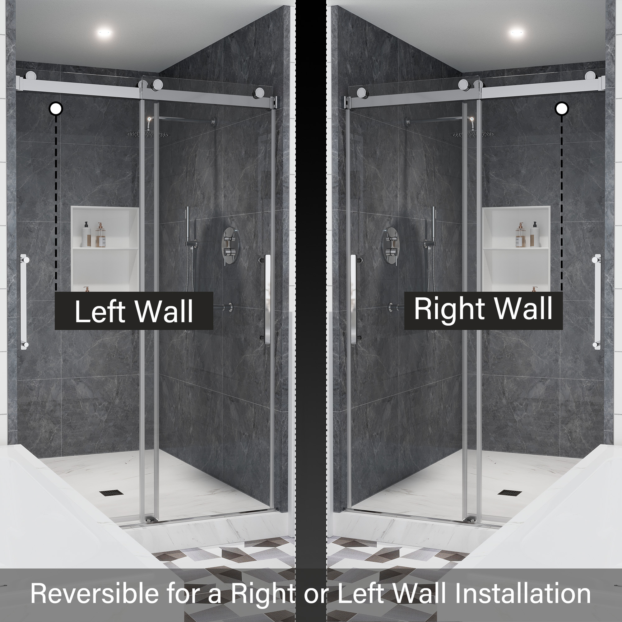 48"x76" Double Sliding Frameless Shower Door in Matte Black/Brushed Nickel/Chrome, Tempered Safety Glass and Reversible Installation