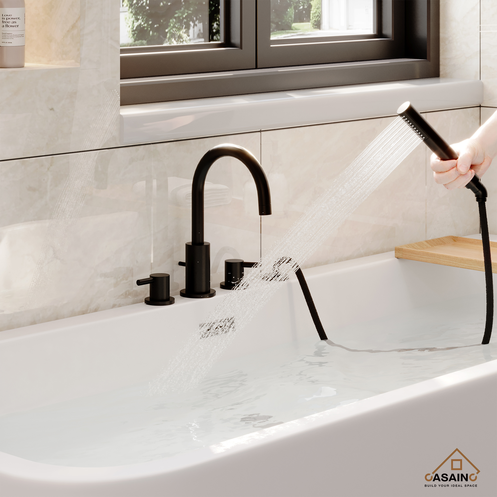 2-Handle Deck-Mount Roman Tub Faucet with Hand Shower in Matte Black