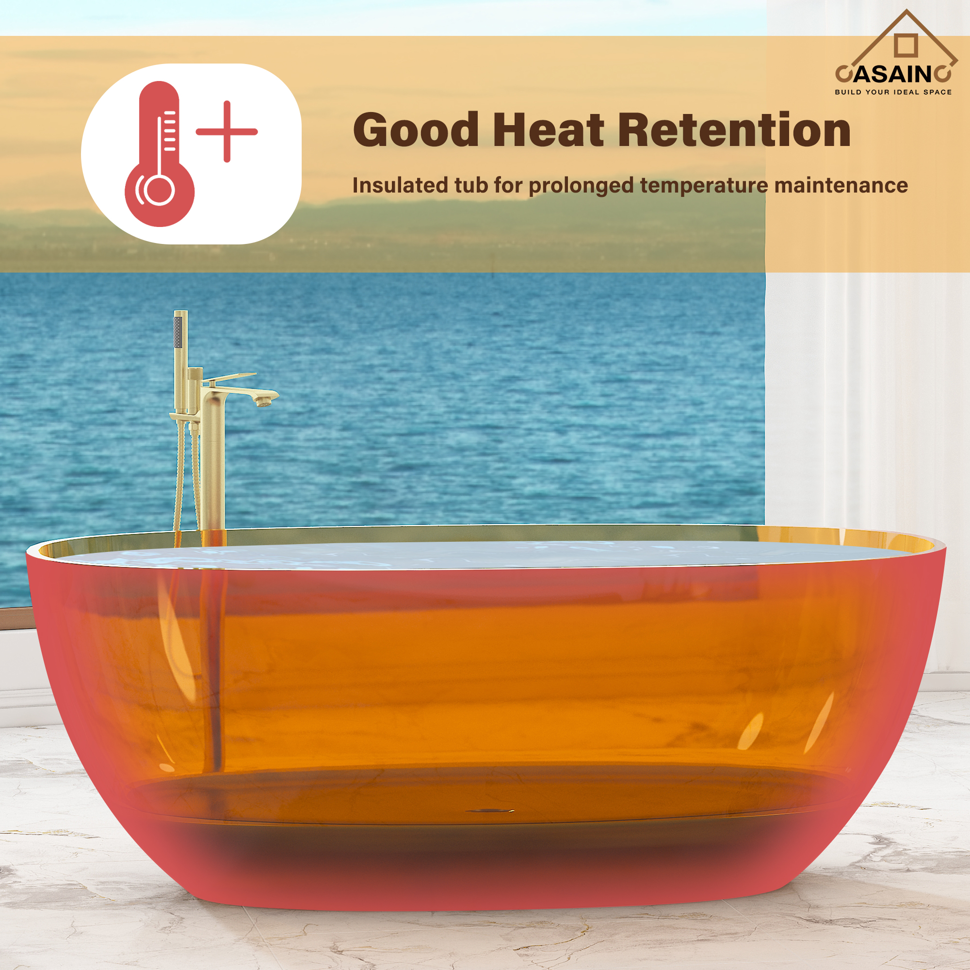 59"/67" Pure Resin Freestanding Transparent Bathtub with Center Drain