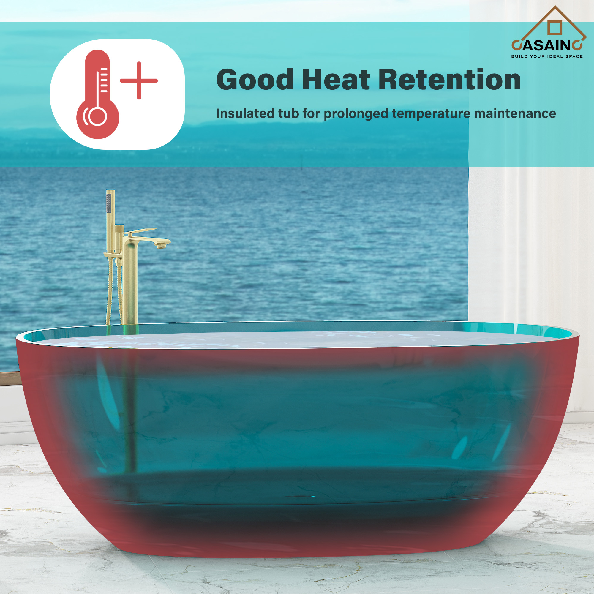 59"/67" Pure Resin Freestanding Transparent Bathtub with Center Drain