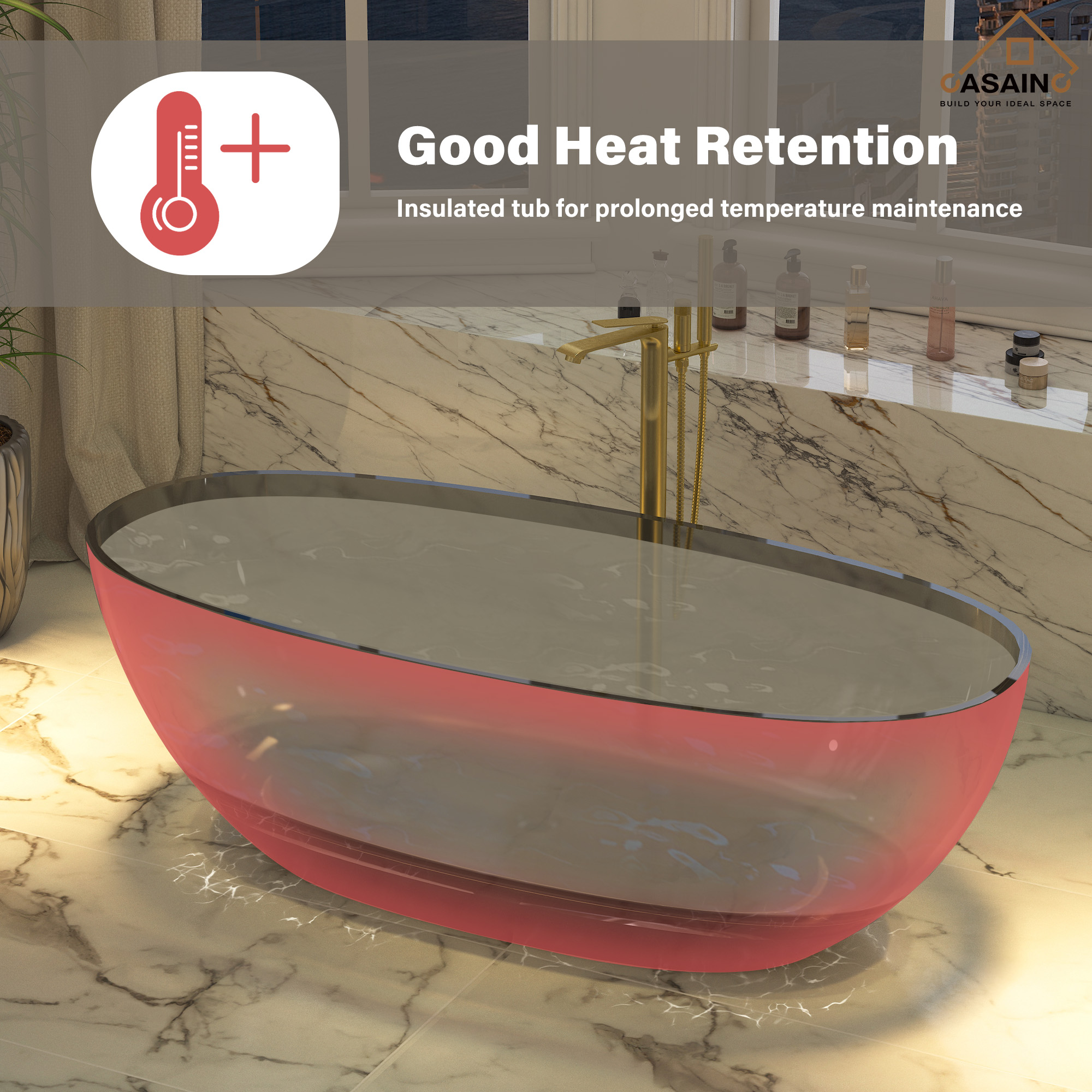 59"/67" Pure Resin Freestanding Transparent Bathtub with Center Drain