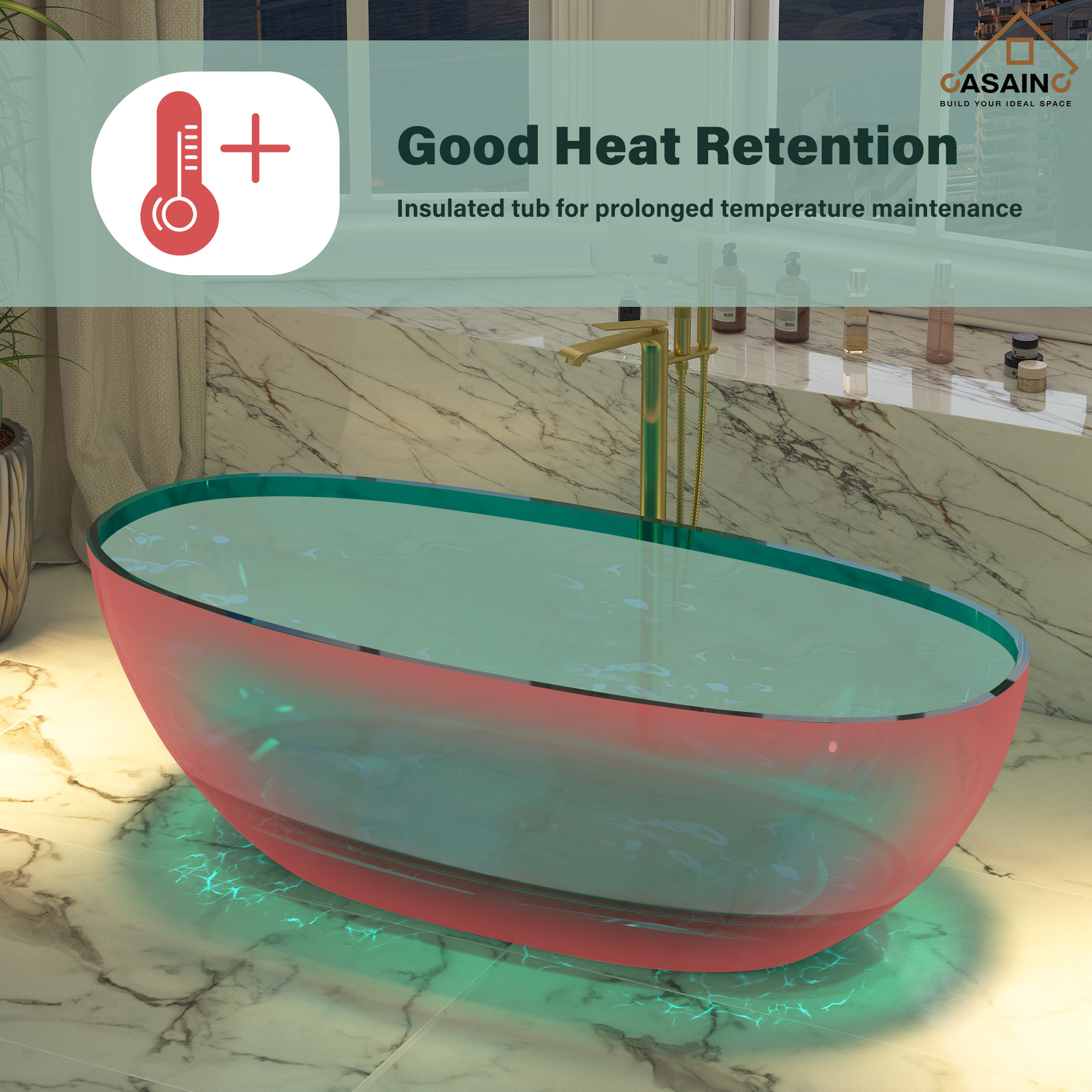 59"/67" Pure Resin Freestanding Transparent Bathtub with Center Drain