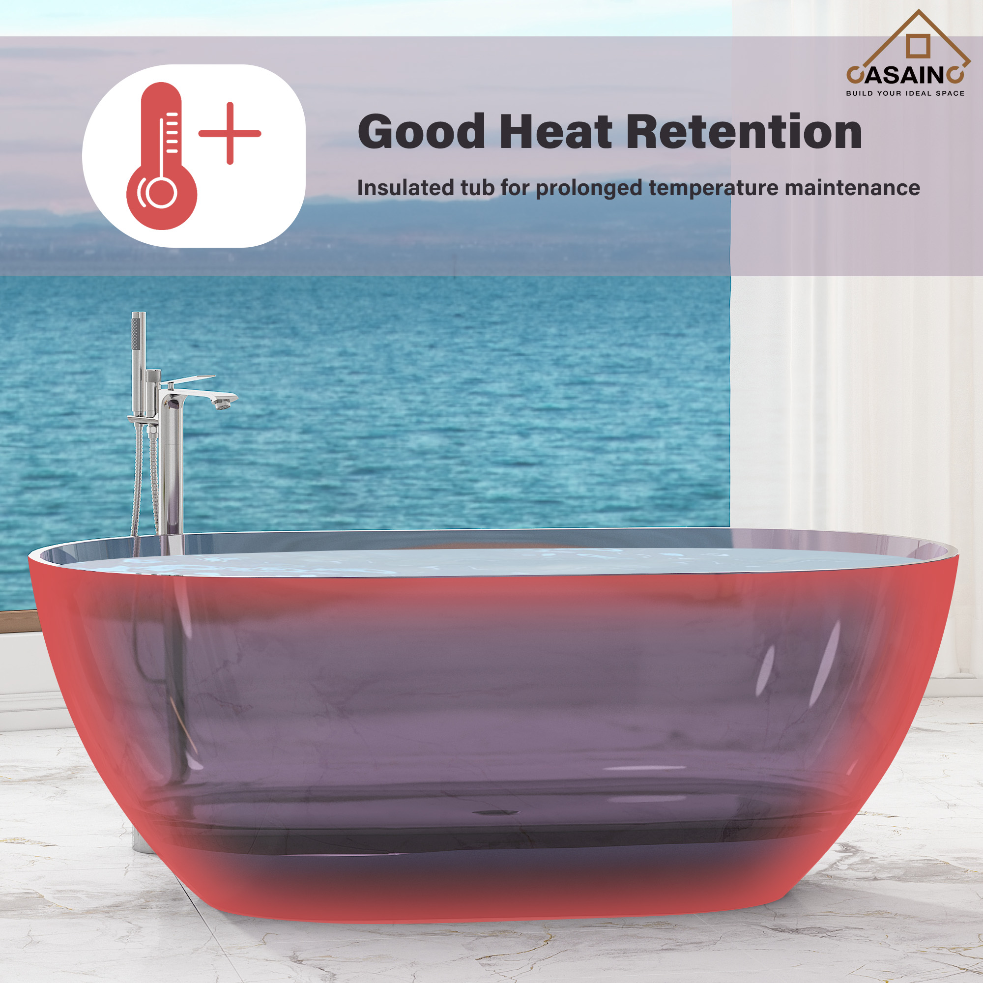 59"/69" Transparent Resin Freestanding Bathtub with Excellent Heat Retention