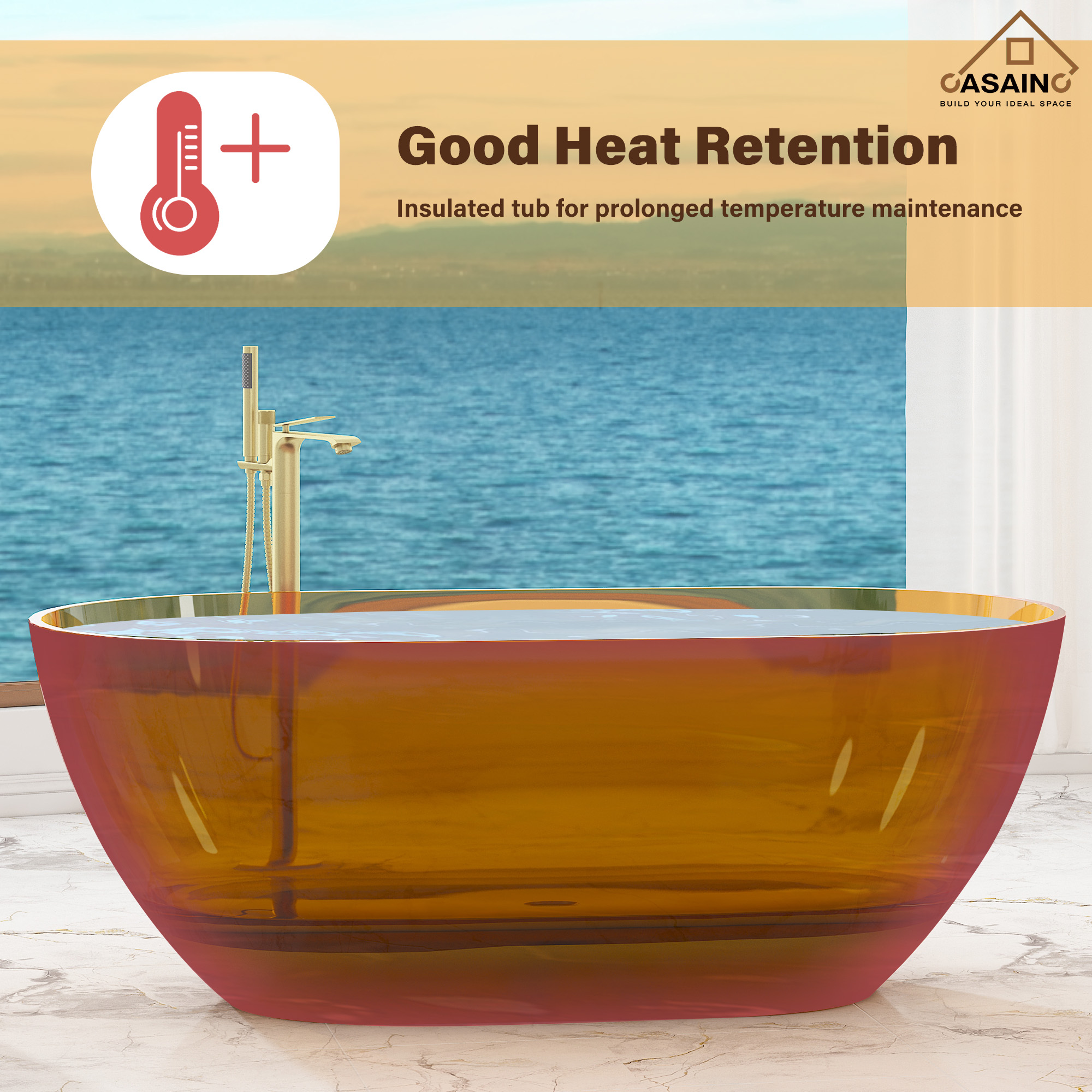 59"/69" Transparent Resin Freestanding Bathtub with Excellent Heat Retention