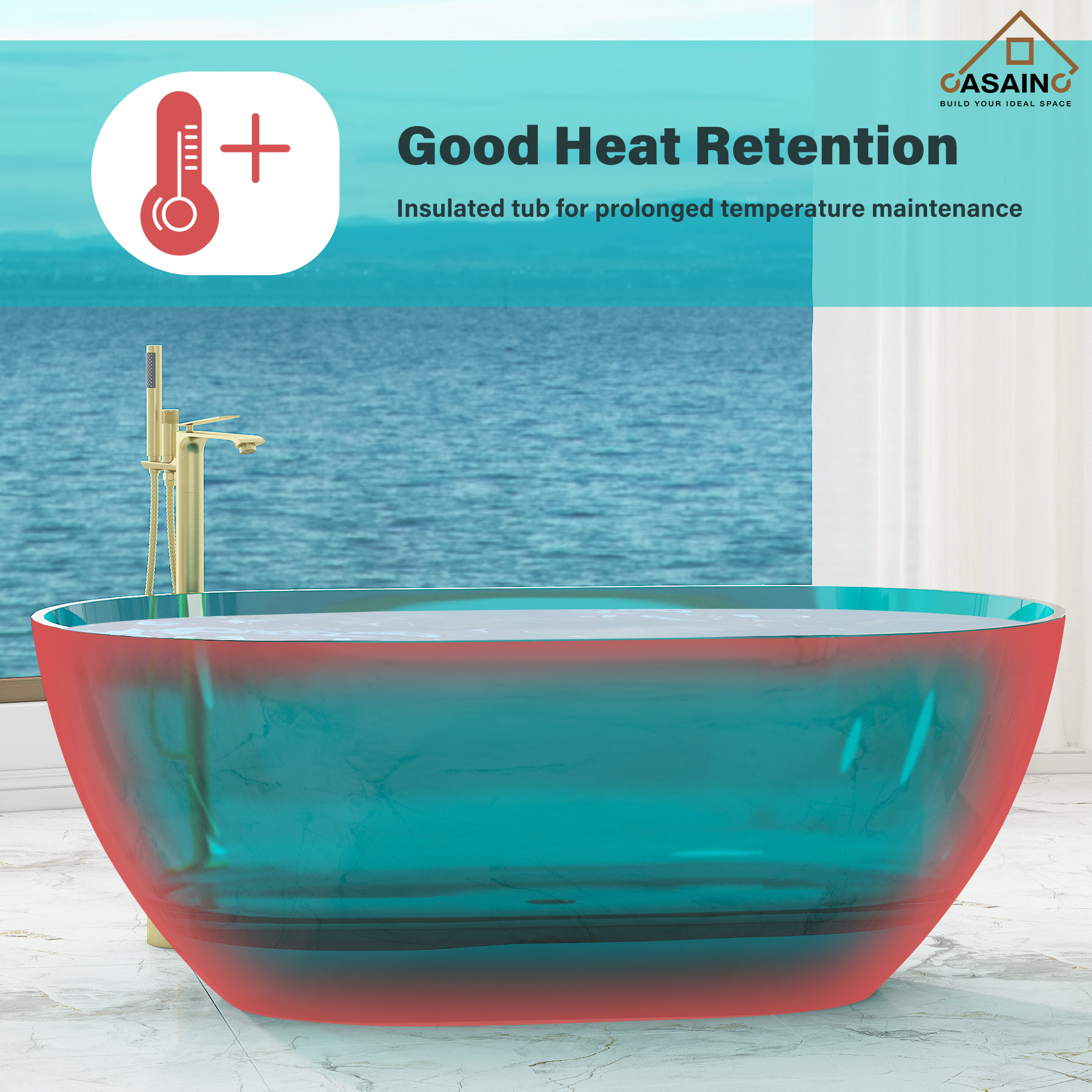 59"/69" Transparent Resin Freestanding Bathtub with Excellent Heat Retention