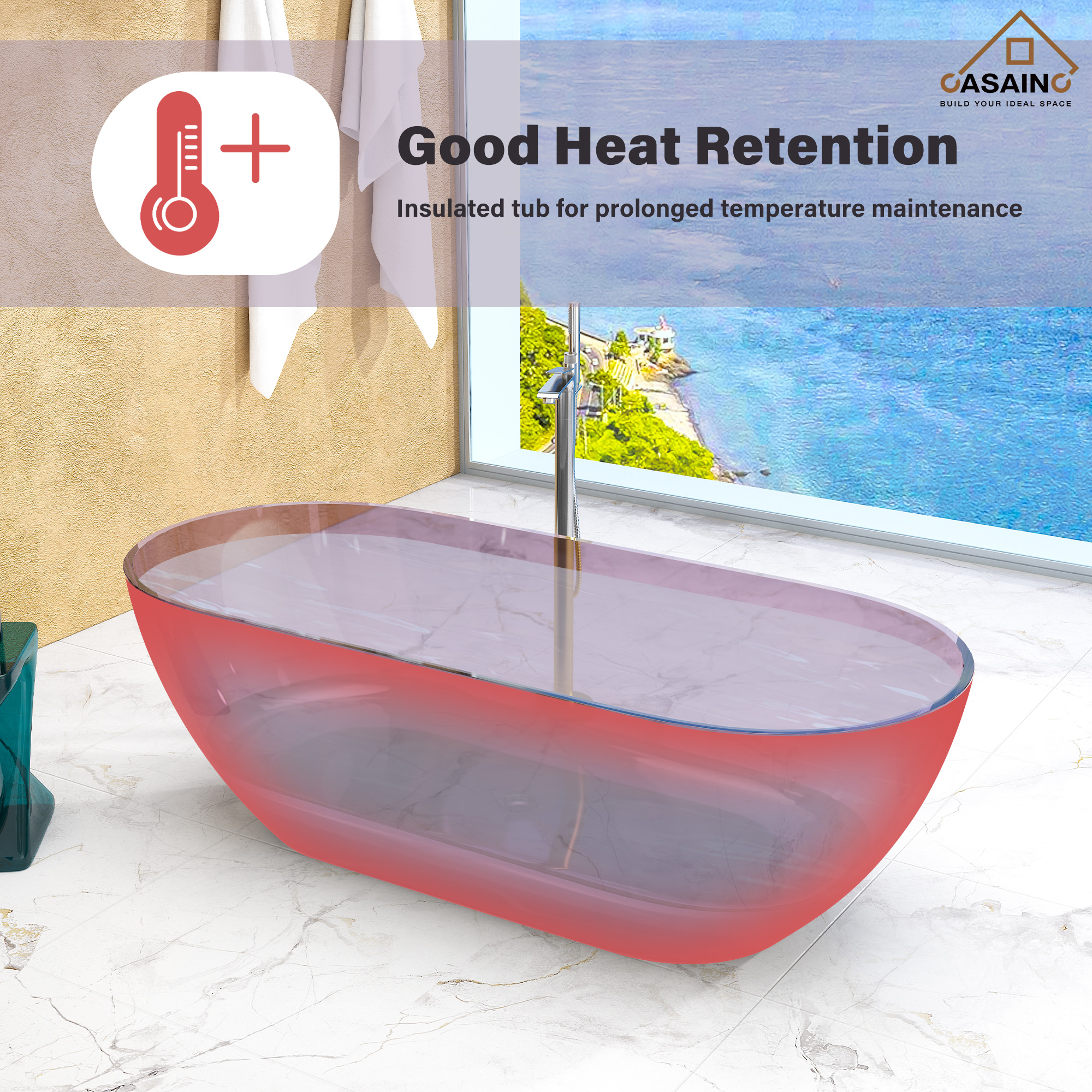 59"/69" Transparent Resin Freestanding Bathtub with Excellent Heat Retention
