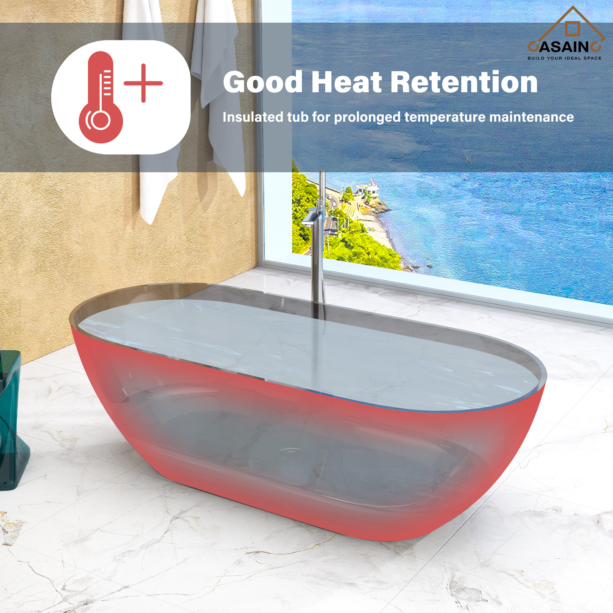 59"/69" Transparent Resin Freestanding Bathtub with Excellent Heat Retention