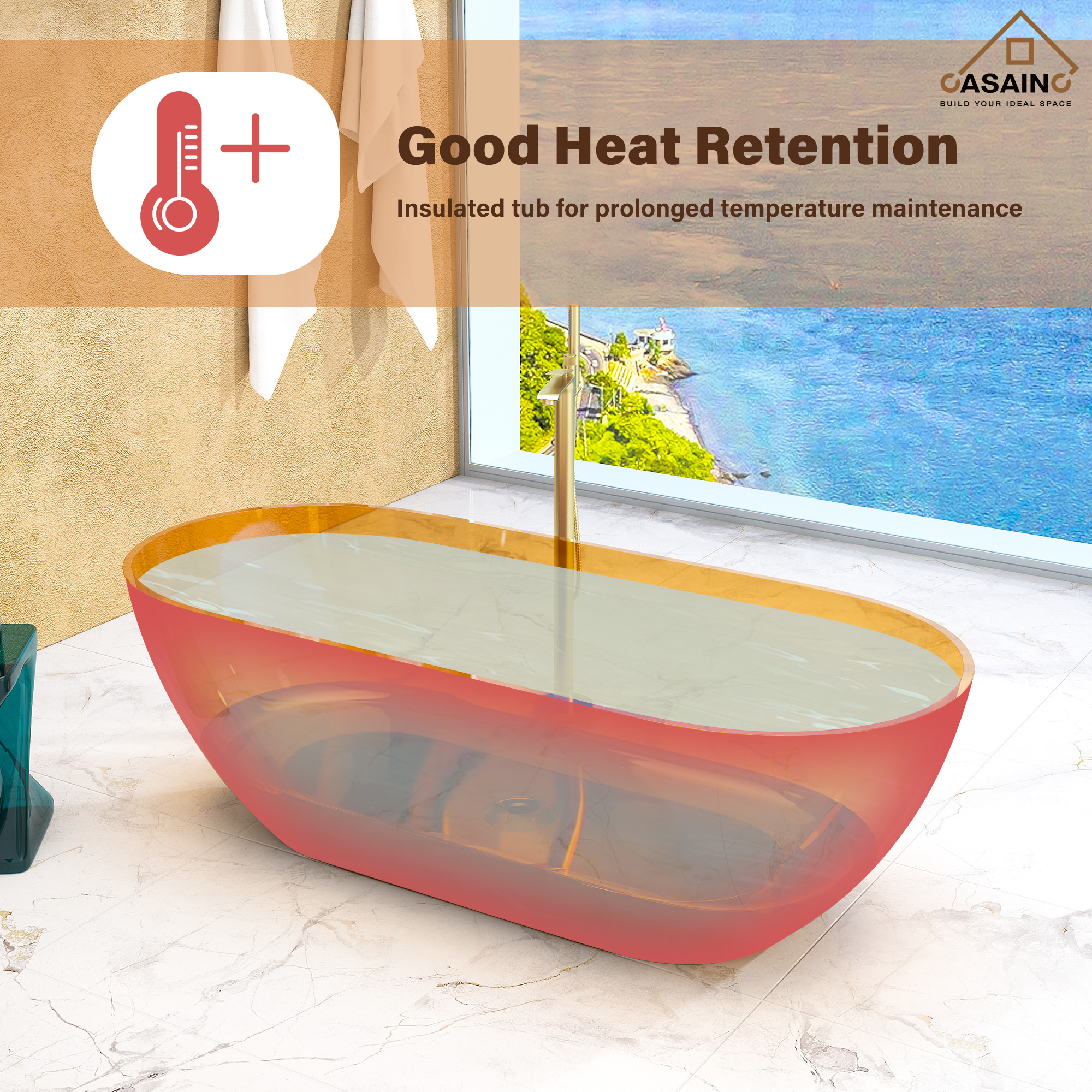 59"/69" Transparent Resin Freestanding Bathtub with Excellent Heat Retention