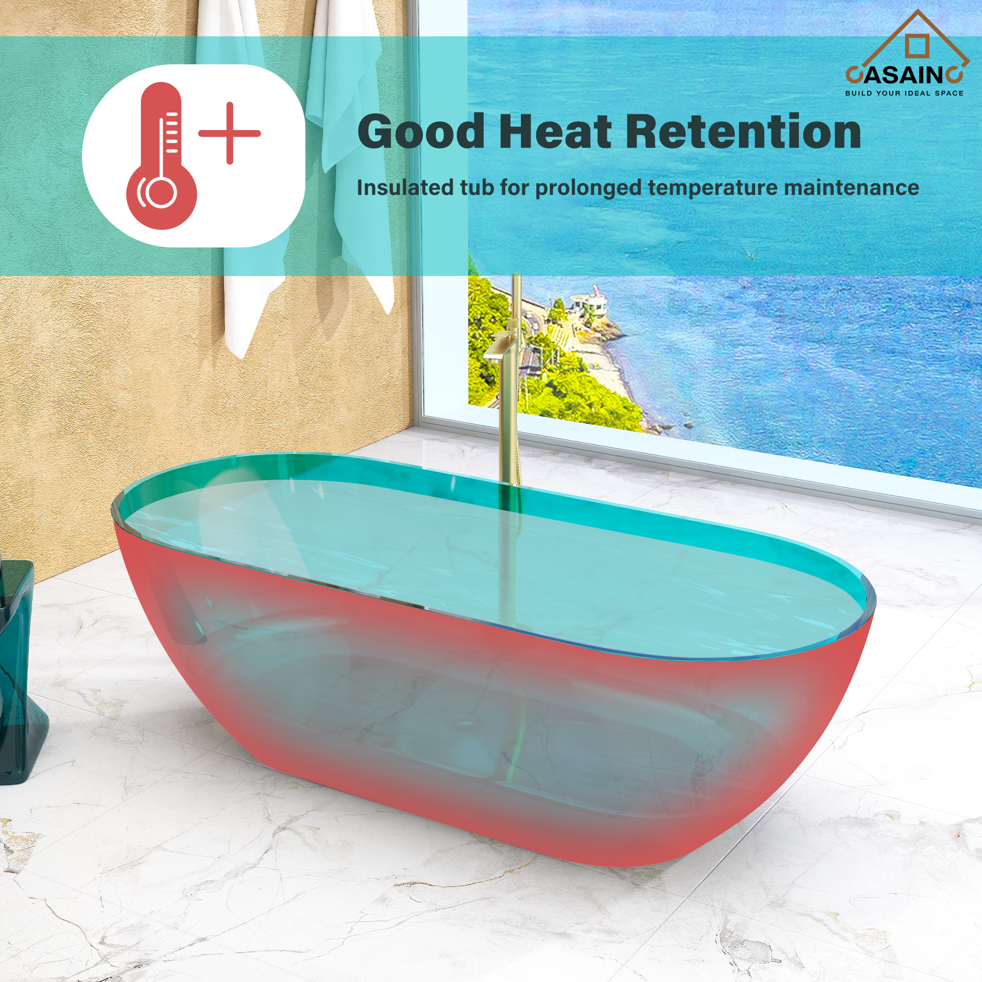 59"/69" Transparent Resin Freestanding Bathtub with Excellent Heat Retention