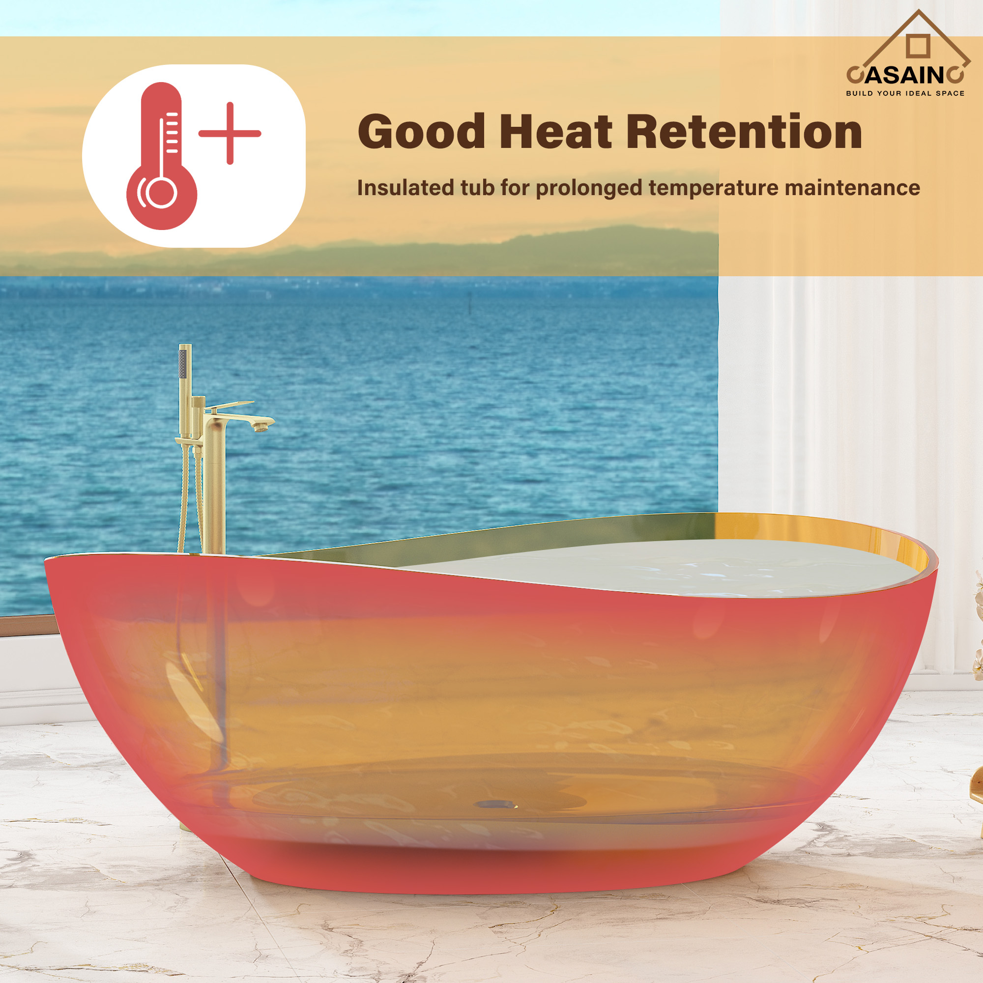 63" Unique Shaped Transparent Resin Freestanding Bathtub with Central Drain